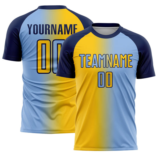 Custom Light Blue Yellow-Navy Sublimation Gradient Fashion Soccer Uniform Jersey - Sky-Custom