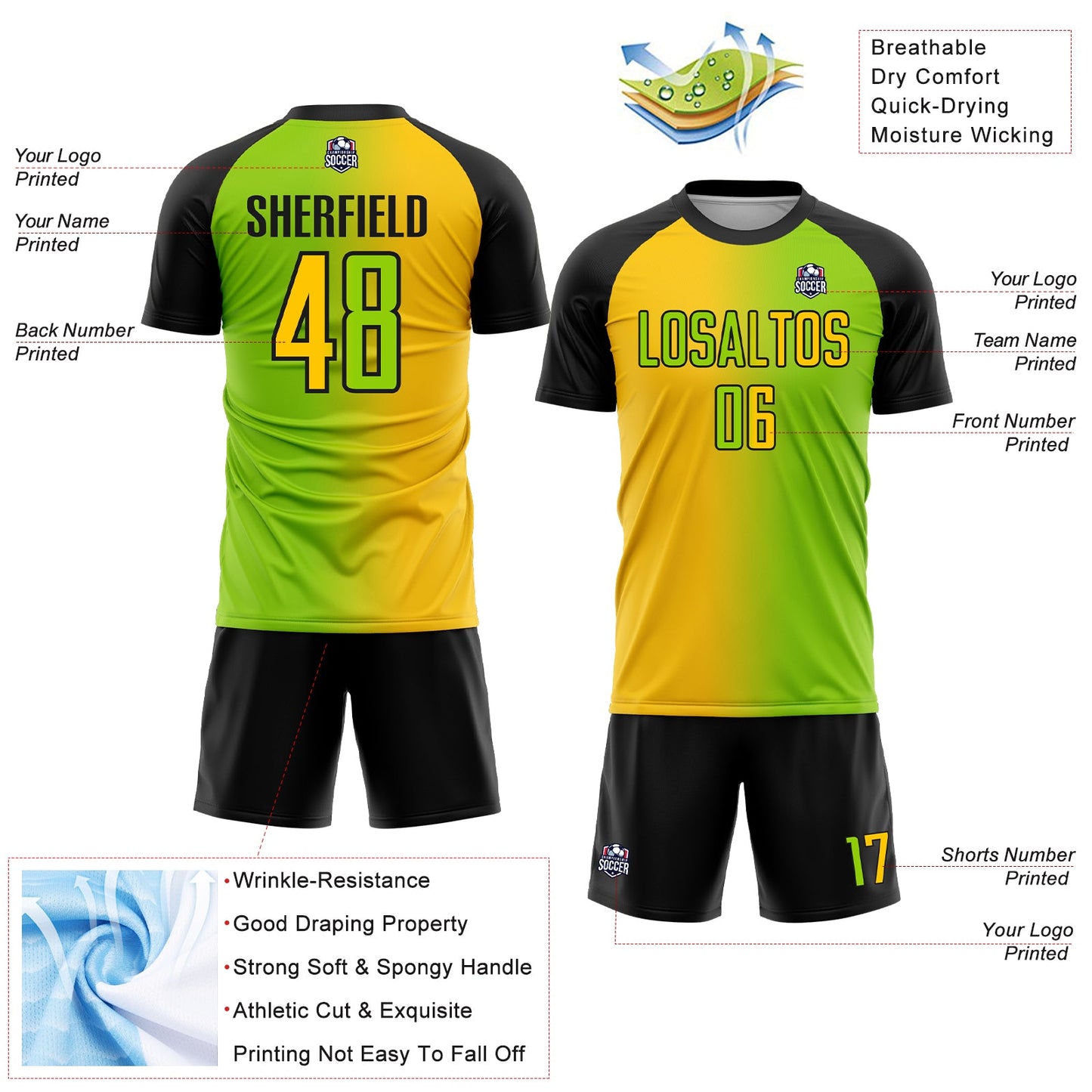 Custom Neon Green Yellow-Black Sublimation Gradient Fashion Soccer Uniform Jersey - Sky-Custom