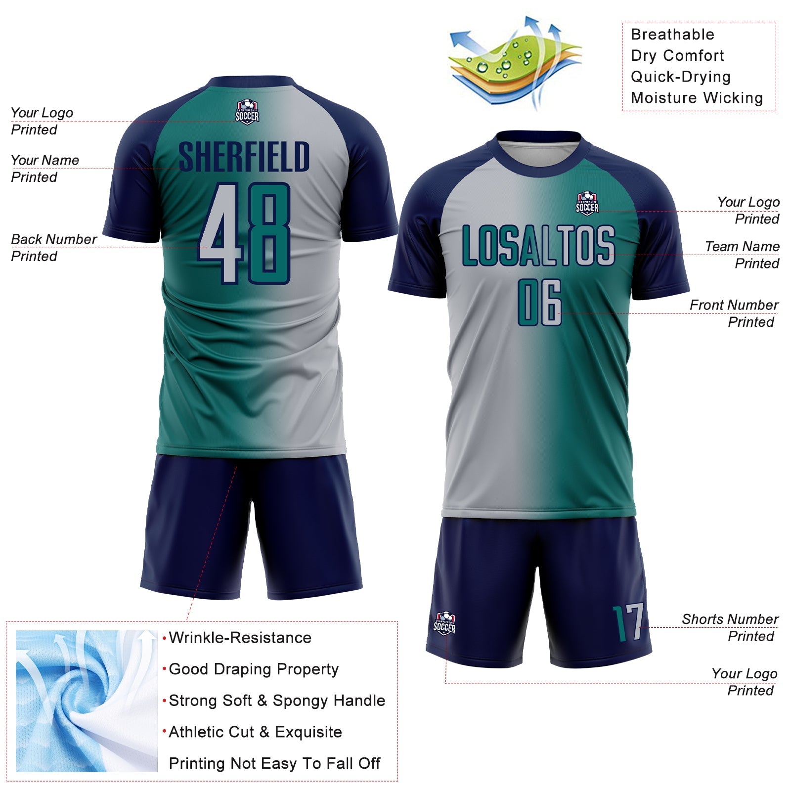 Custom Teal Gray-Navy Sublimation Gradient Fashion Soccer Uniform Jersey - Sky-Custom