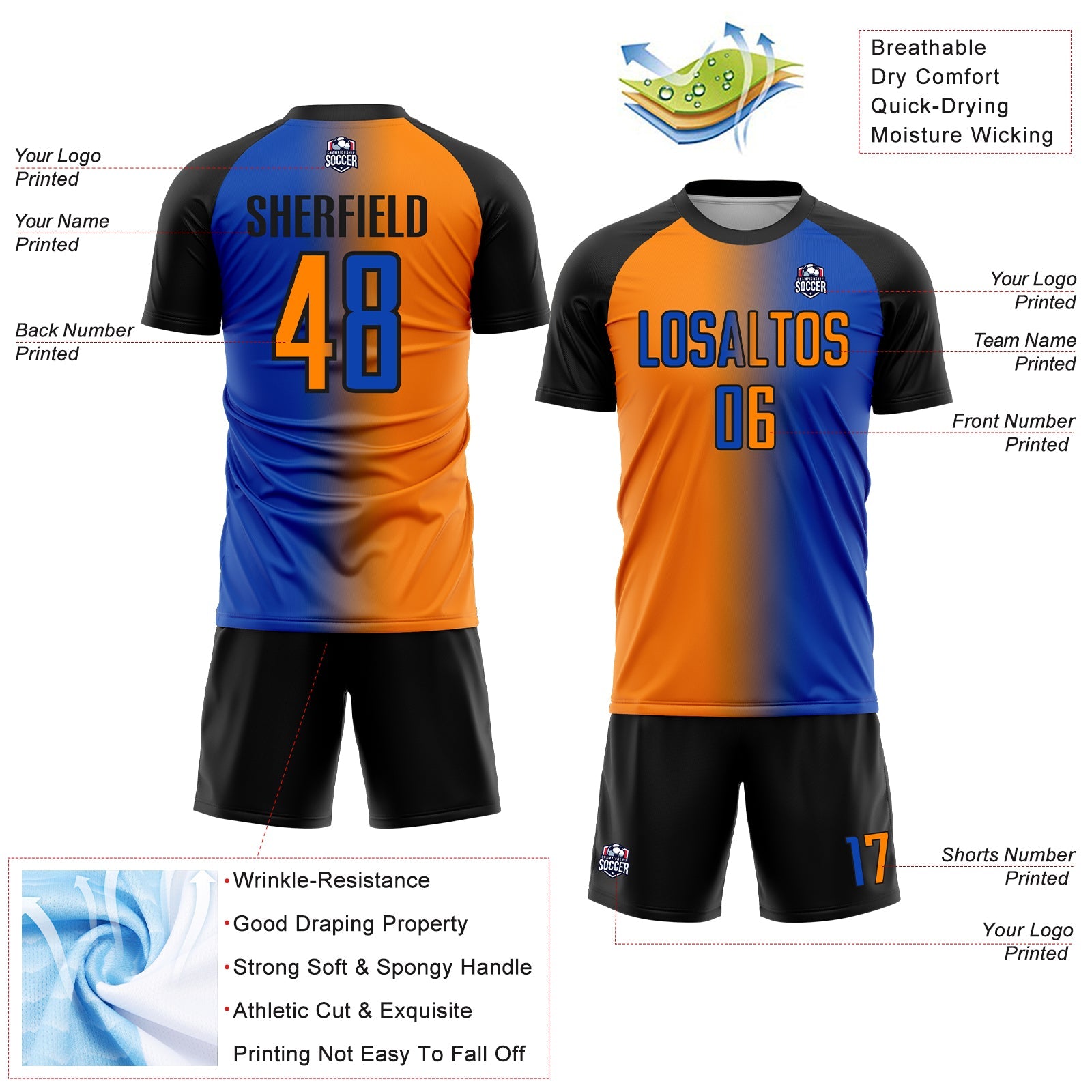 Custom Thunder Blue Bay Orange-Black Sublimation Gradient Fashion Soccer Uniform Jersey - Sky-Custom