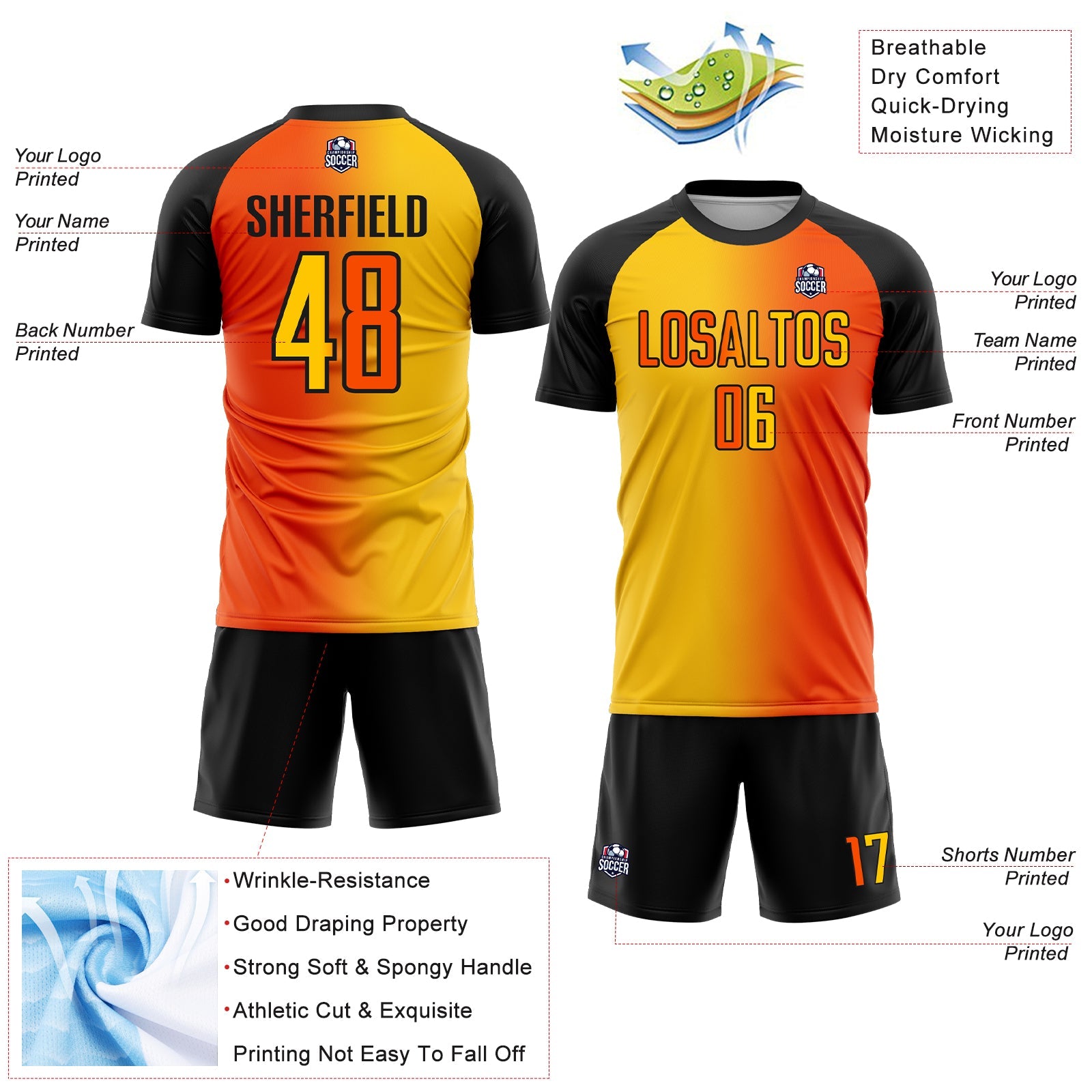 Custom Orange Yellow-Black Sublimation Gradient Fashion Soccer Uniform Jersey - Sky-Custom