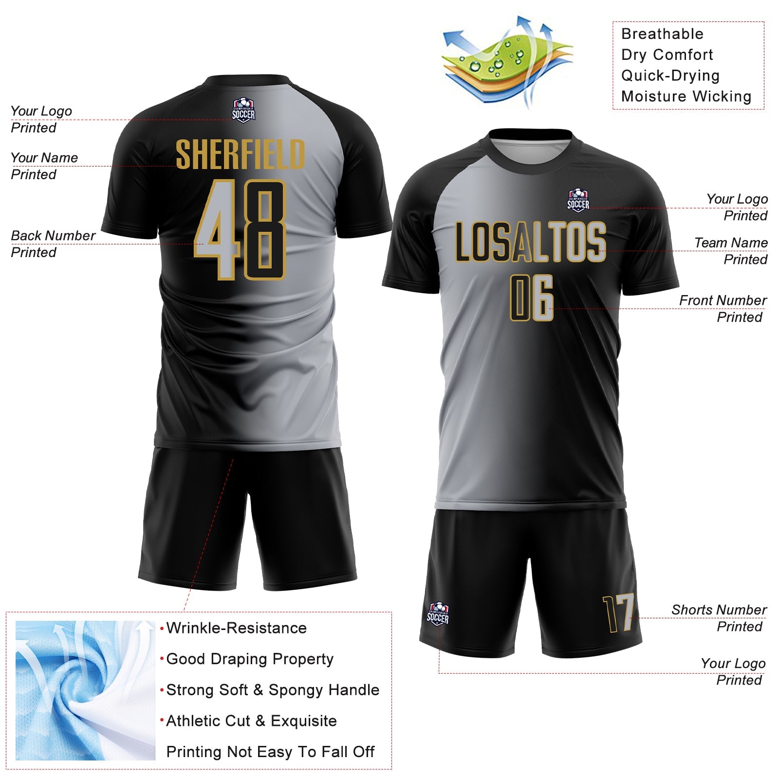 Custom Black Gray-Old Gold Sublimation Gradient Fashion Soccer Uniform Jersey - Sky-Custom
