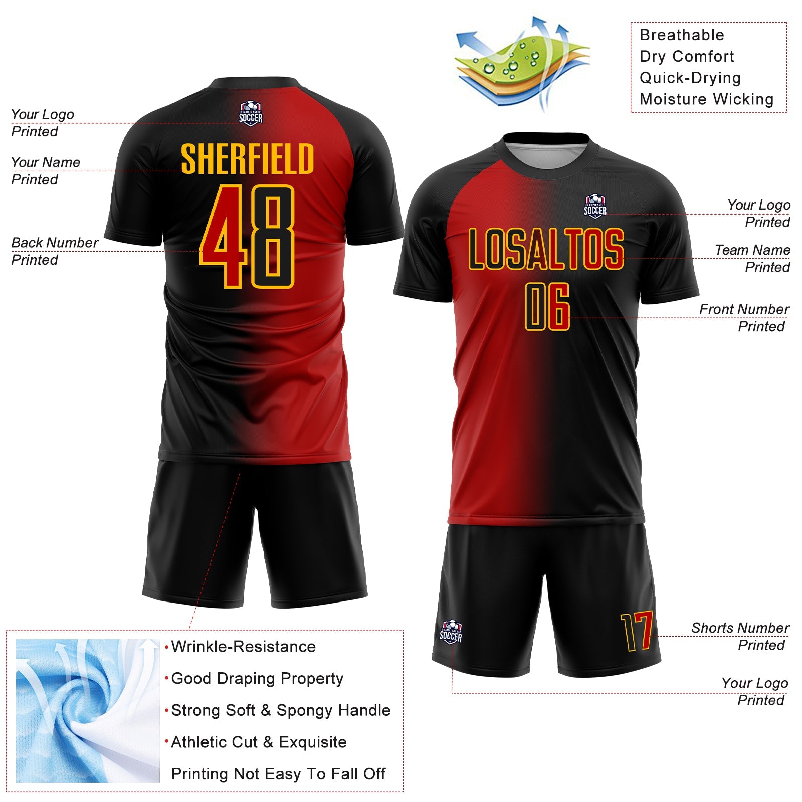 Custom Black Red-Gold Sublimation Gradient Fashion Soccer Uniform Jersey - Sky-Custom