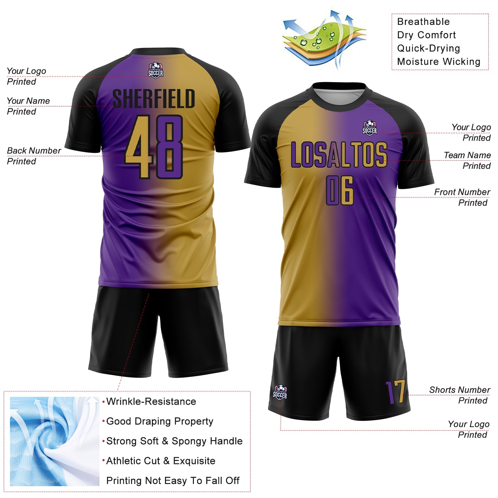 Custom Purple Old Gold-Black Sublimation Gradient Fashion Soccer Uniform Jersey - Sky-Custom