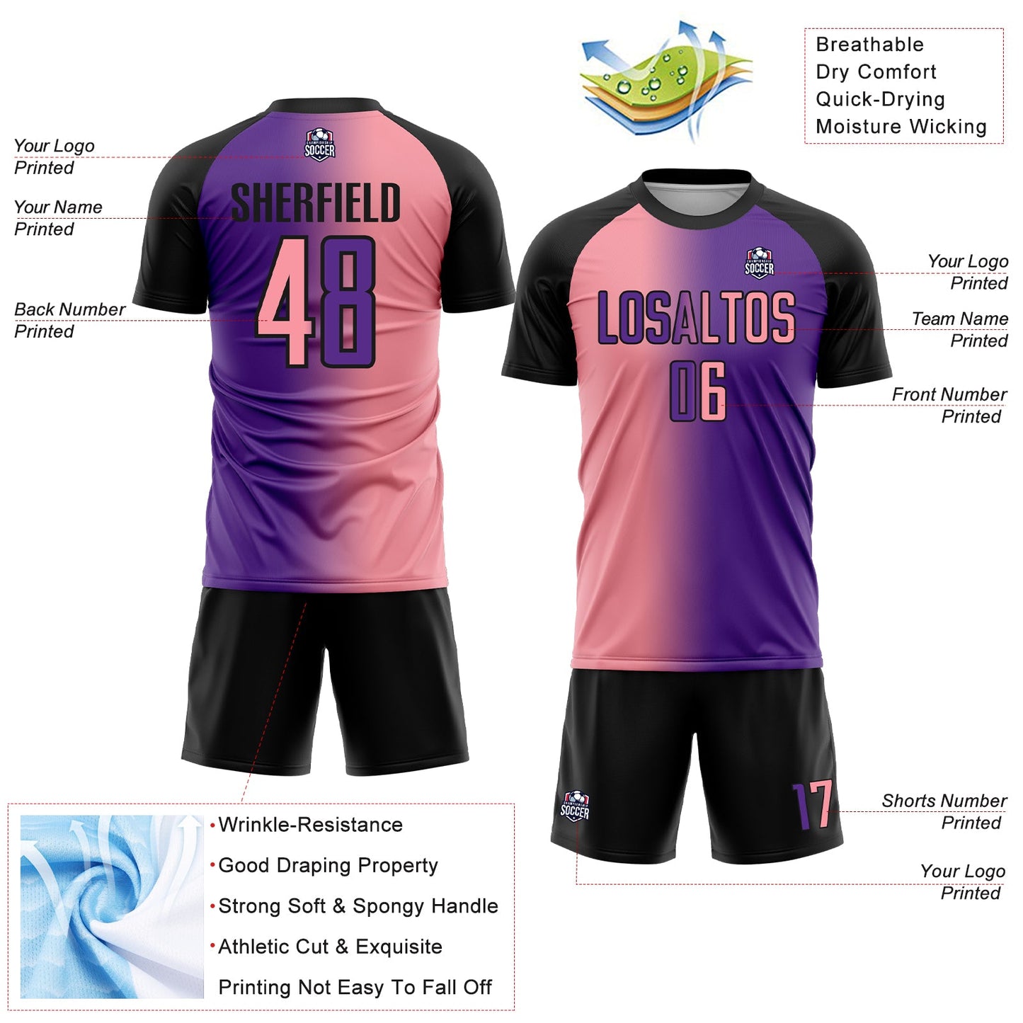 Custom Purple Medium Pink-Black Sublimation Gradient Fashion Soccer Uniform Jersey - Sky-Custom
