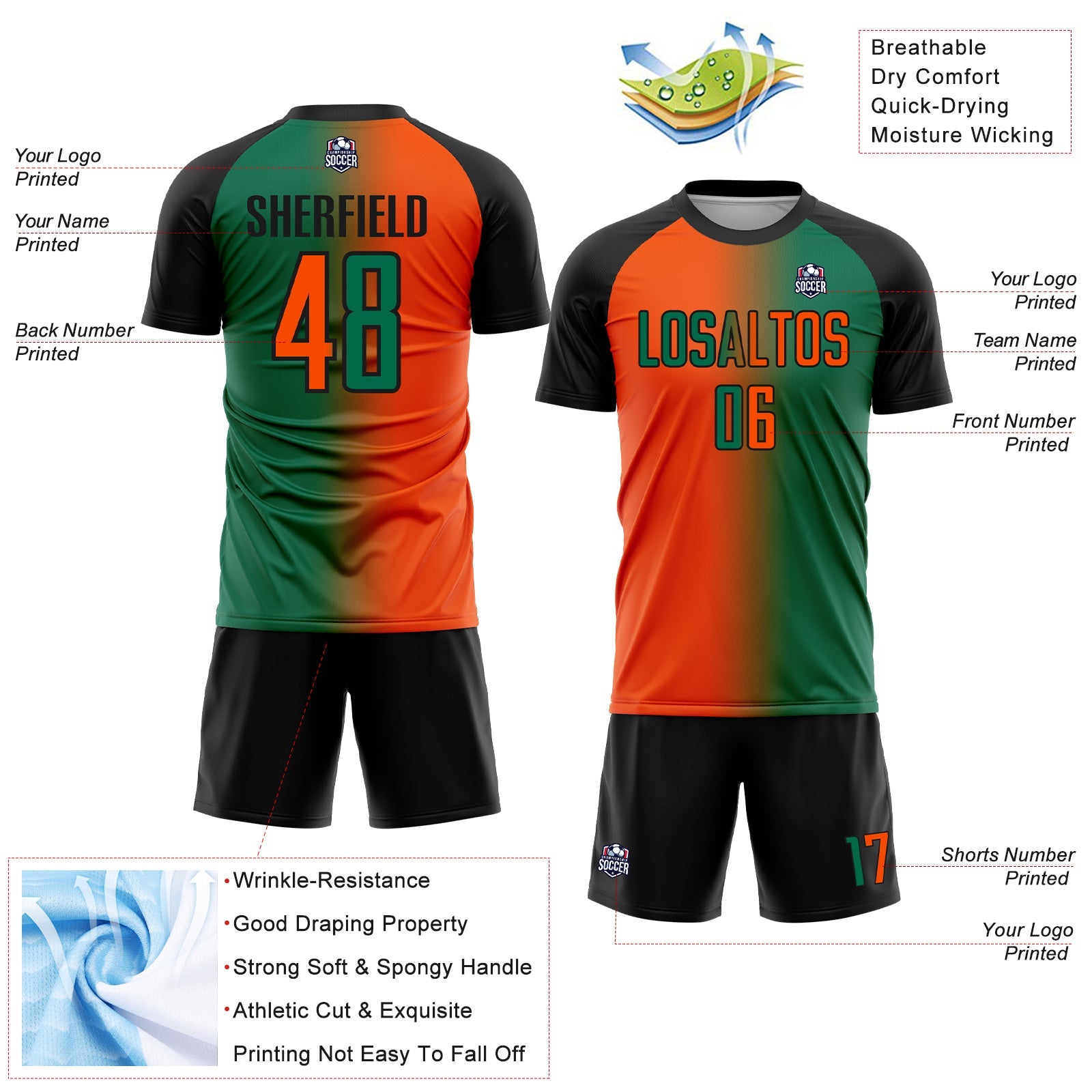 Custom Kelly Green Orange-Black Sublimation Gradient Fashion Soccer Uniform Jersey - Sky-Custom