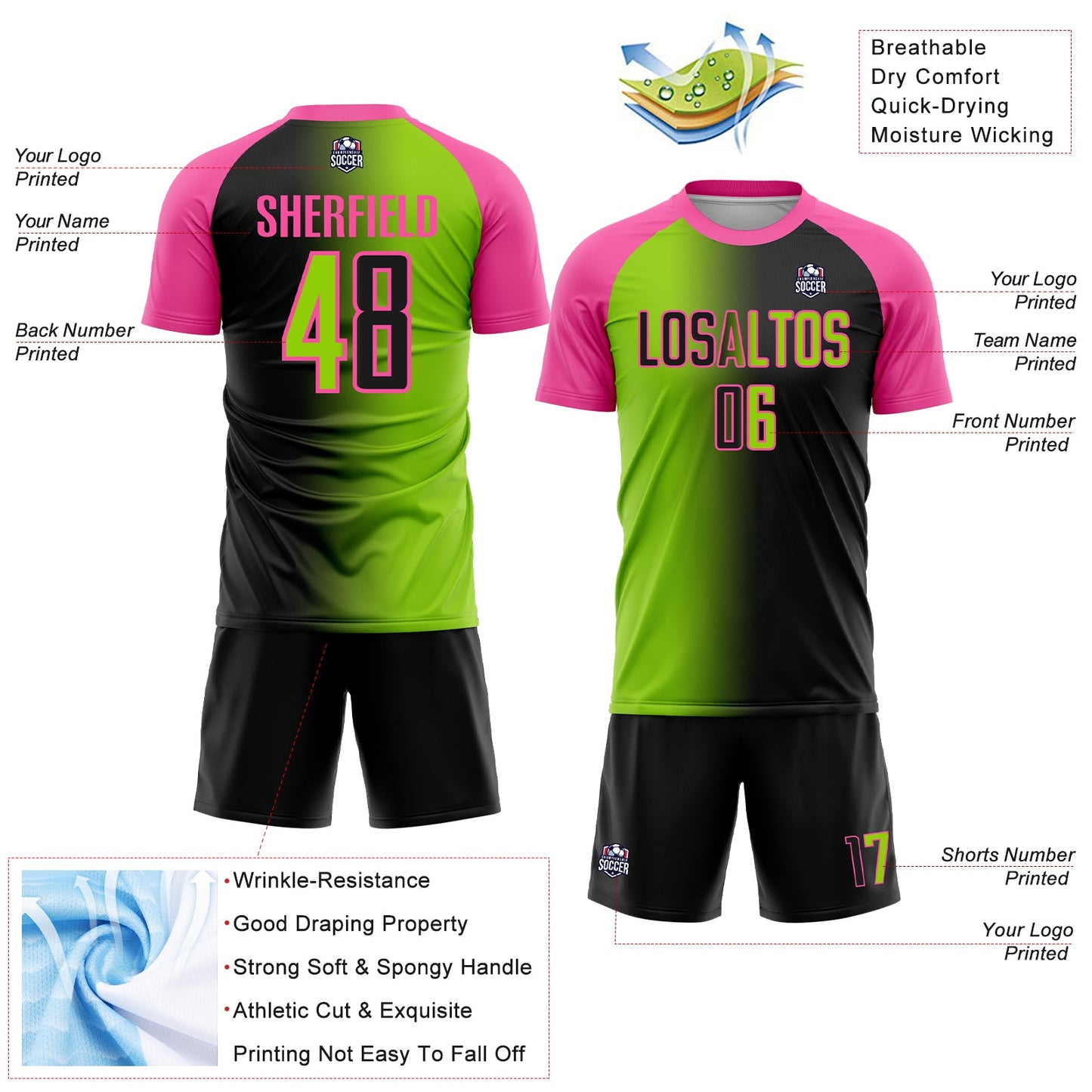 Custom Black Neon Green-Pink Sublimation Gradient Fashion Soccer Uniform Jersey - Sky-Custom