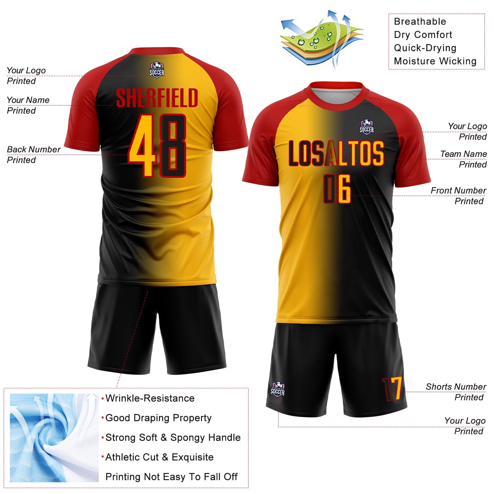 Custom Black Gold-Red Sublimation Gradient Fashion Soccer Uniform Jersey - Sky-Custom