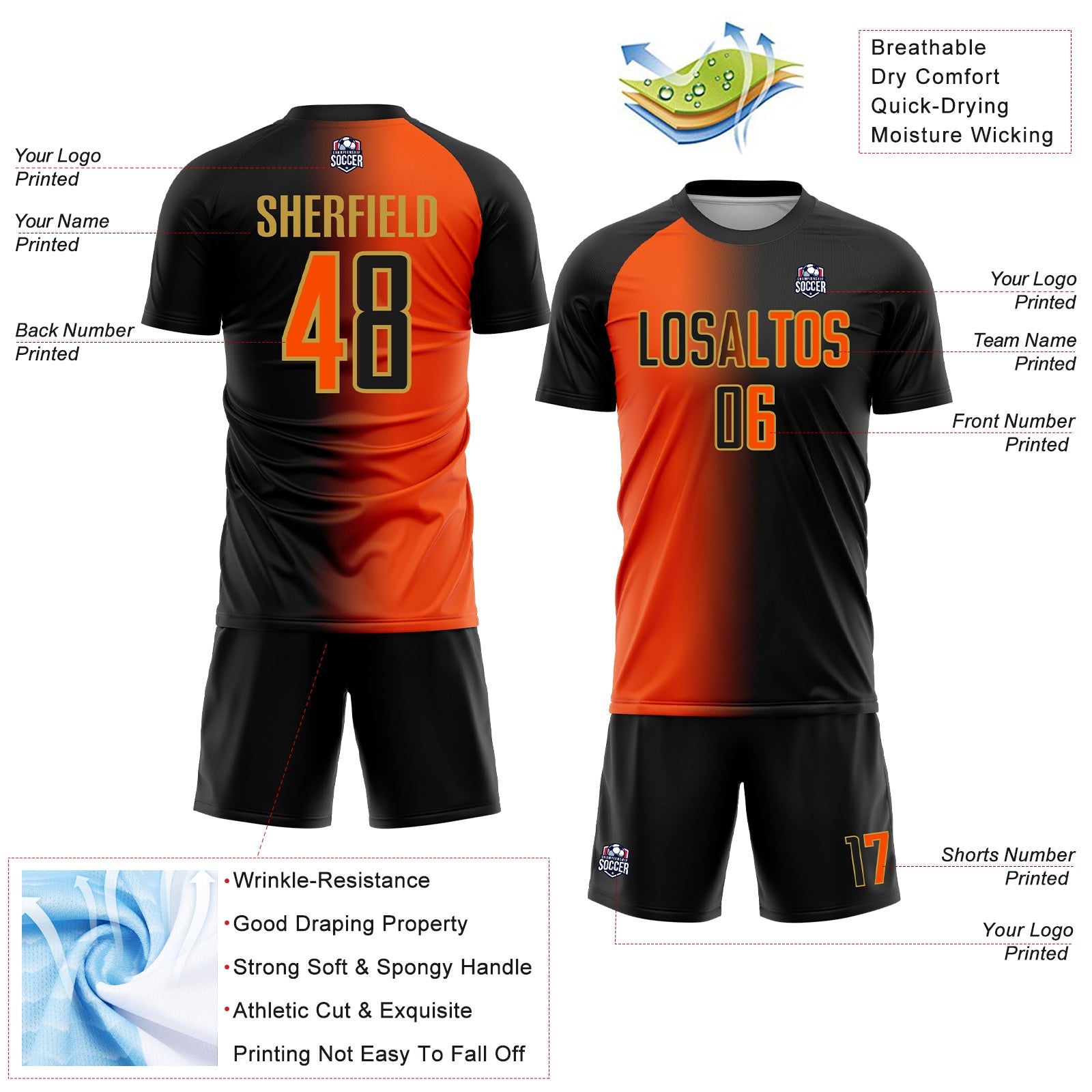 Custom Black Orange-Old Gold Sublimation Gradient Fashion Soccer Uniform Jersey - Sky-Custom