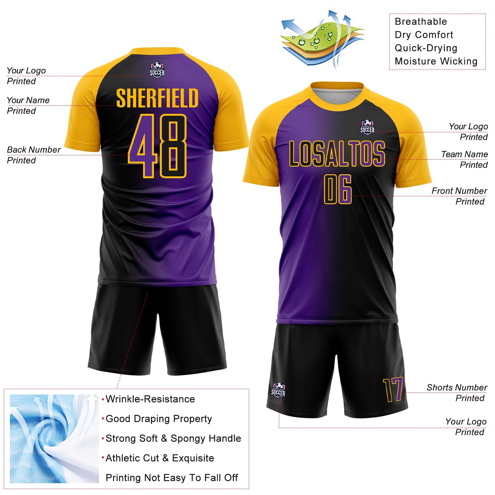 Custom Black Purple-Gold Sublimation Gradient Fashion Soccer Uniform Jersey - Sky-Custom