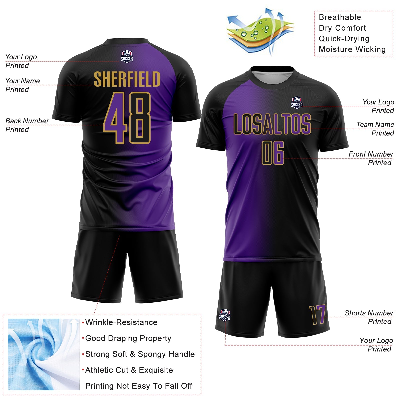 Custom Black Purple-Old Gold Sublimation Gradient Fashion Soccer Uniform Jersey - Sky-Custom