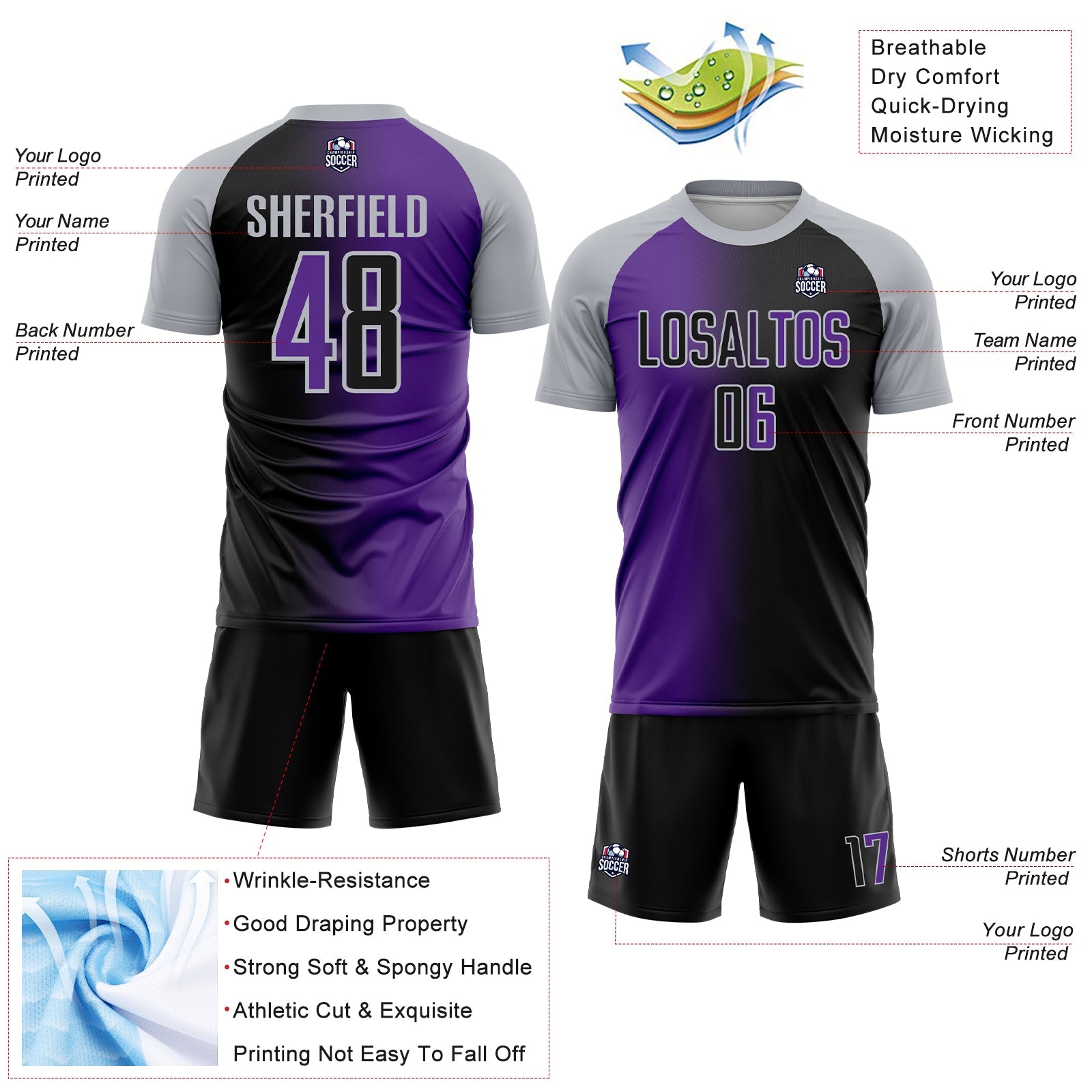 Custom Black Purple-Gray Sublimation Gradient Fashion Soccer Uniform Jersey - Sky-Custom
