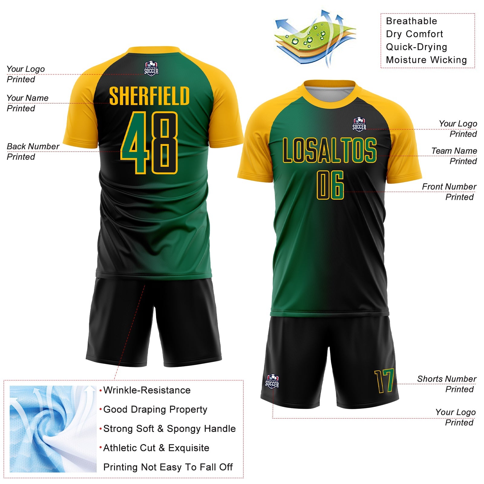 Custom Black Kelly Green-Gold Sublimation Gradient Fashion Soccer Uniform Jersey - Sky-Custom