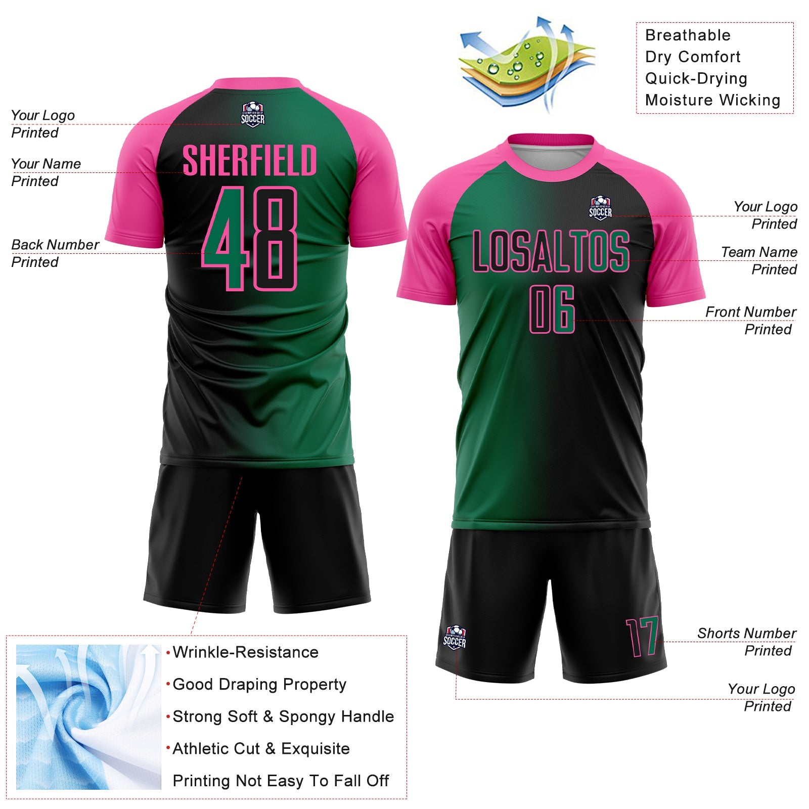 Custom Black Kelly Green-Pink Sublimation Gradient Fashion Soccer Uniform Jersey - Sky-Custom