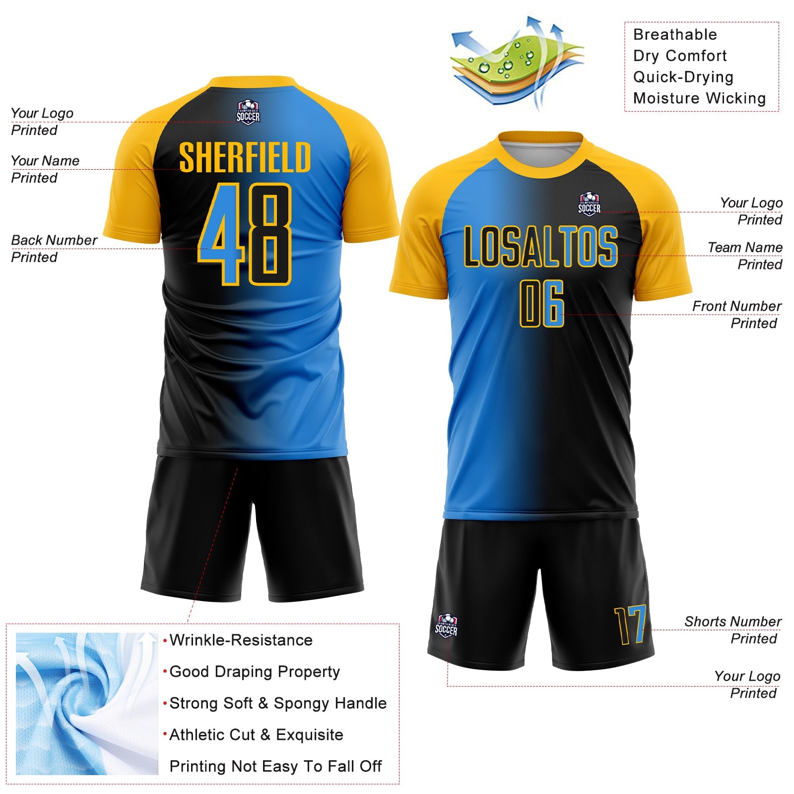 Custom Black Powder Blue-Gold Sublimation Gradient Fashion Soccer Uniform Jersey - Sky-Custom