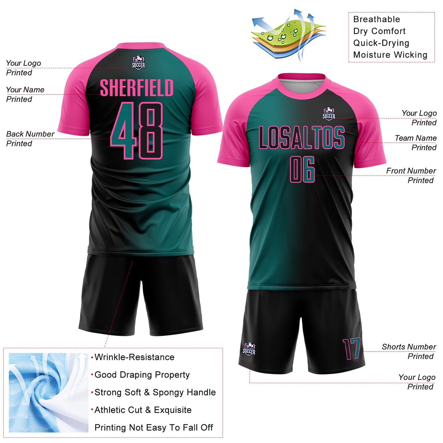 Custom Black Teal-Pink Sublimation Gradient Fashion Soccer Uniform Jersey - Sky-Custom