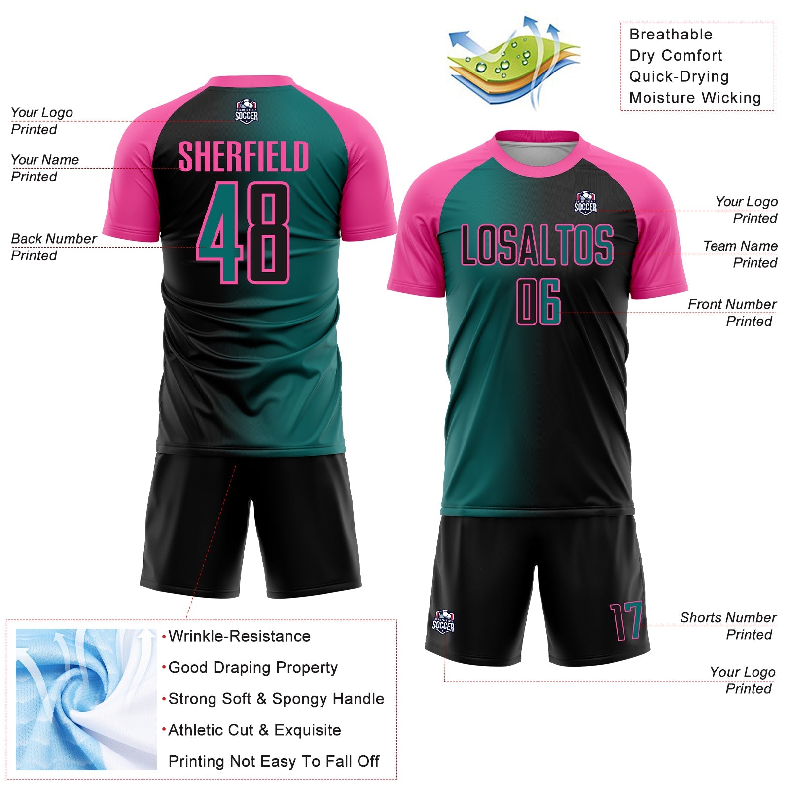 Custom Black Teal-Pink Sublimation Gradient Fashion Soccer Uniform Jersey - Sky-Custom