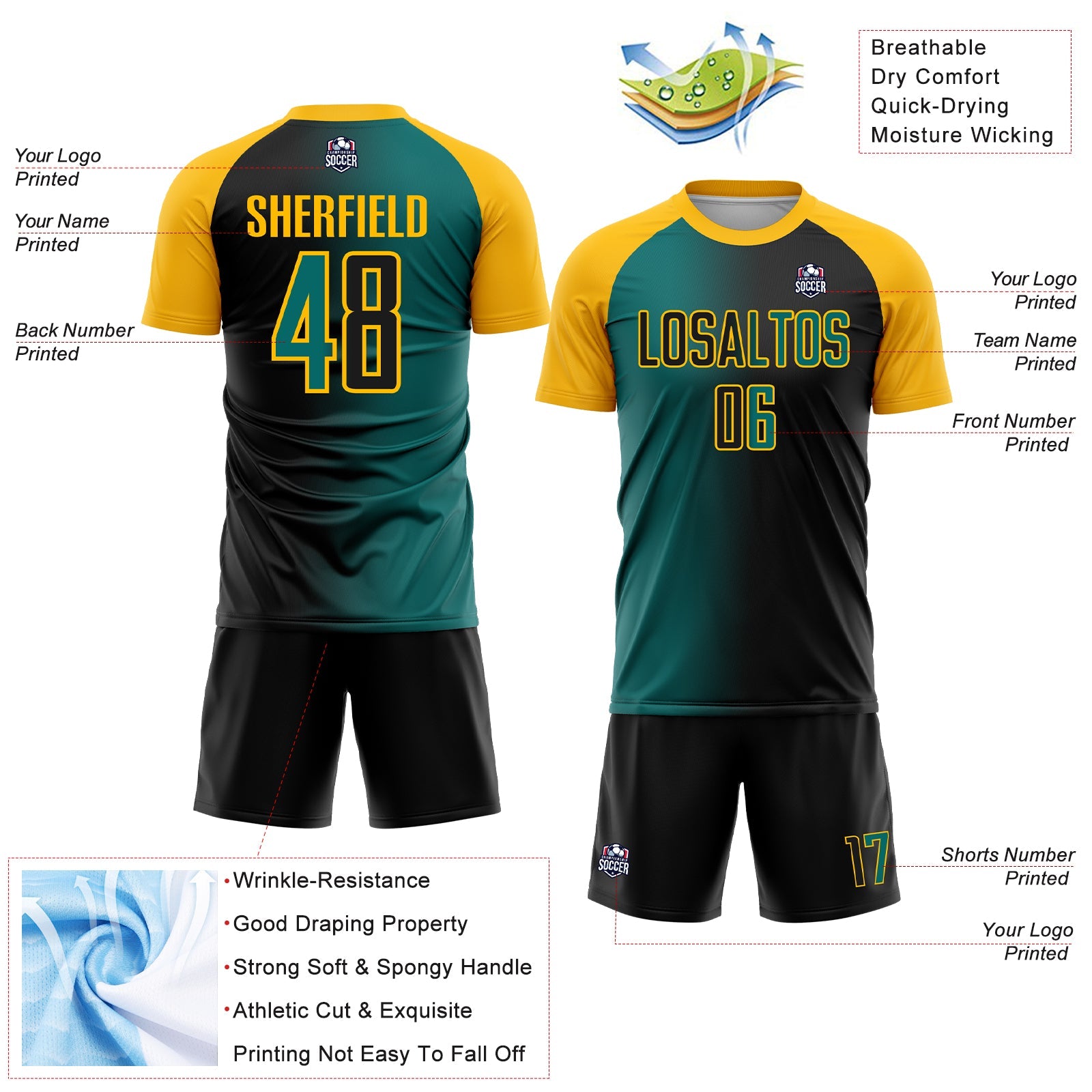 Custom Black Teal-Gold Sublimation Gradient Fashion Soccer Uniform Jersey - Sky-Custom
