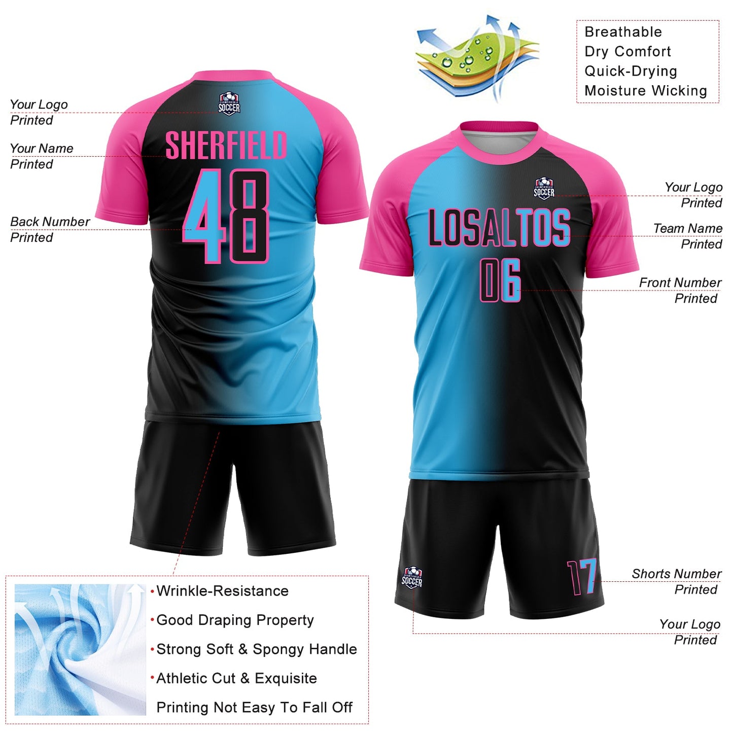 Custom Black Sky Blue-Pink Sublimation Gradient Fashion Soccer Uniform Jersey - Sky-Custom