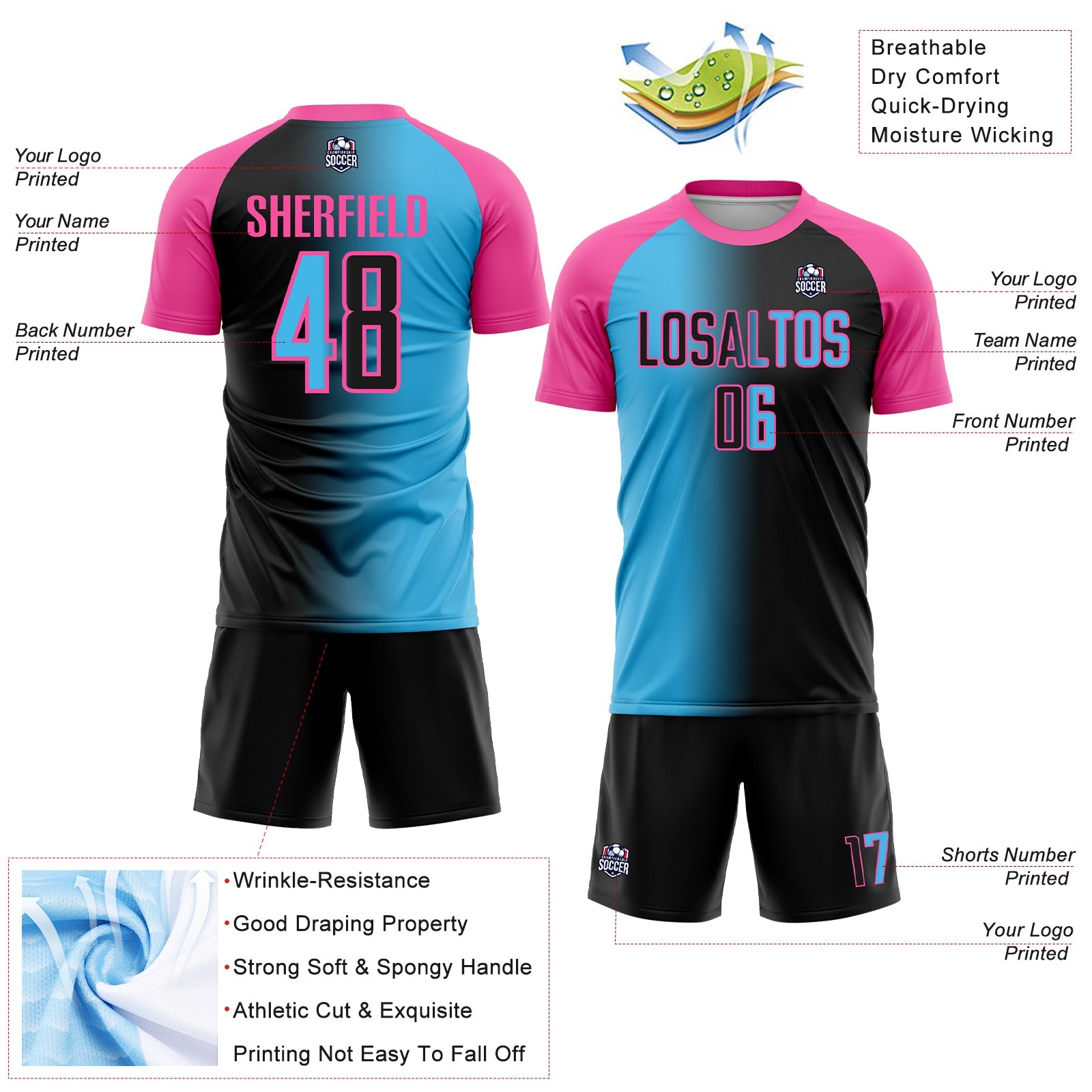 Custom Black Sky Blue-Pink Sublimation Gradient Fashion Soccer Uniform Jersey - Sky-Custom