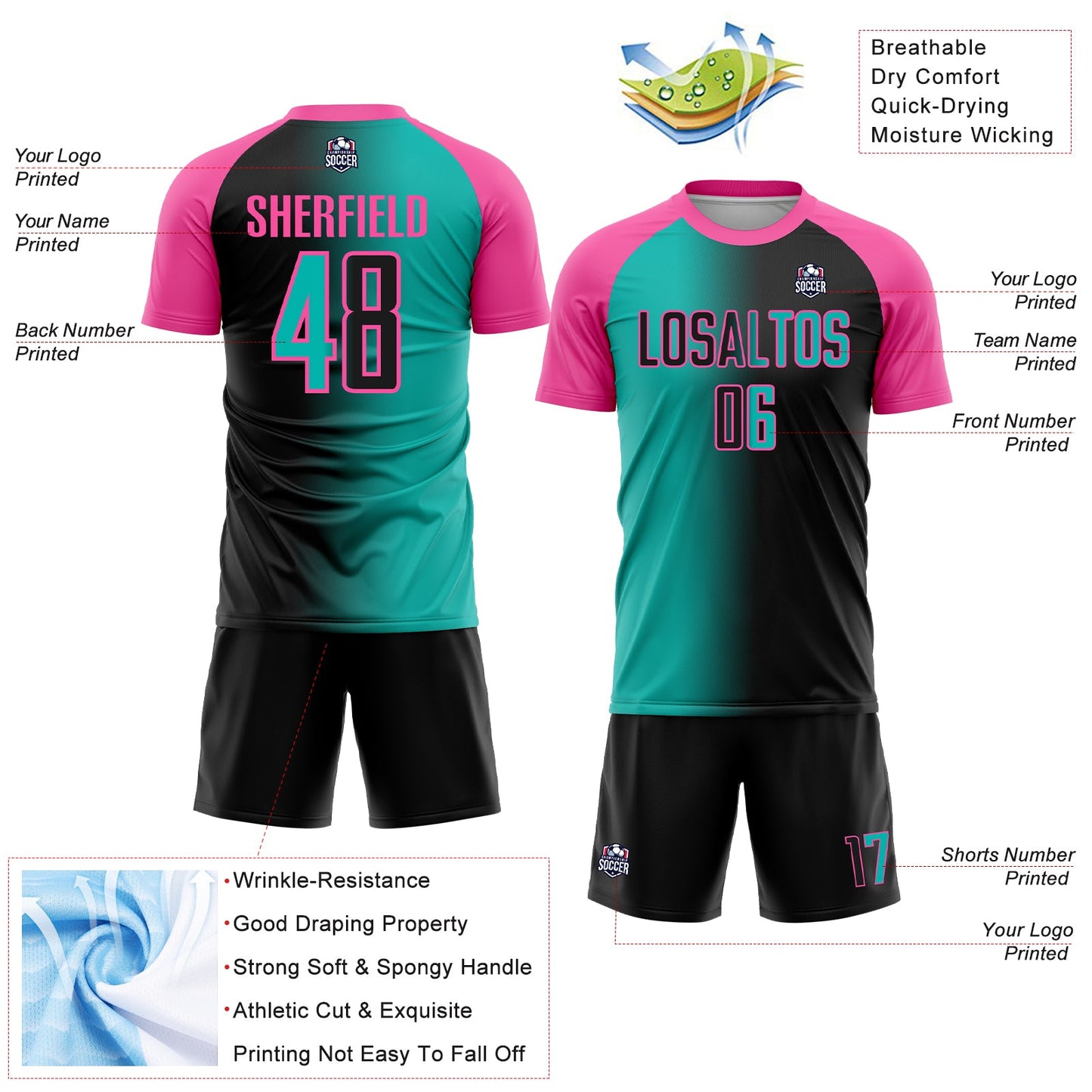 Custom Black Aqua-Pink Sublimation Gradient Fashion Soccer Uniform Jersey - Sky-Custom