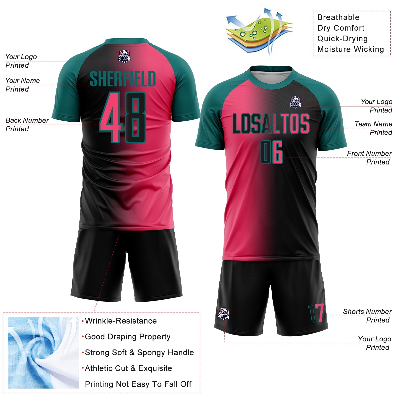 Custom Black Neon Pink-Teal Sublimation Gradient Fashion Soccer Uniform Jersey - Sky-Custom