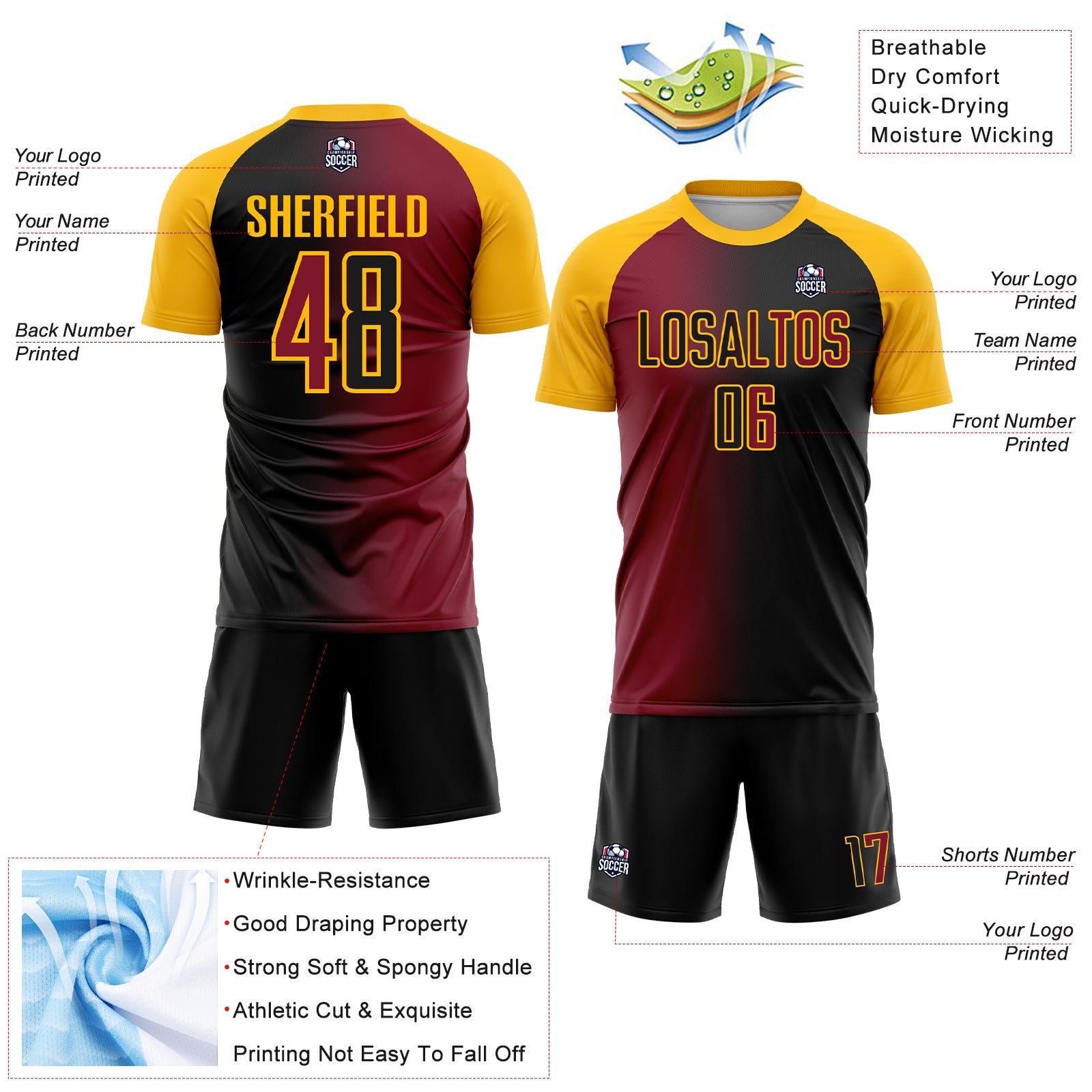 Custom Black Crimson-Gold Sublimation Gradient Fashion Soccer Uniform Jersey - Sky-Custom