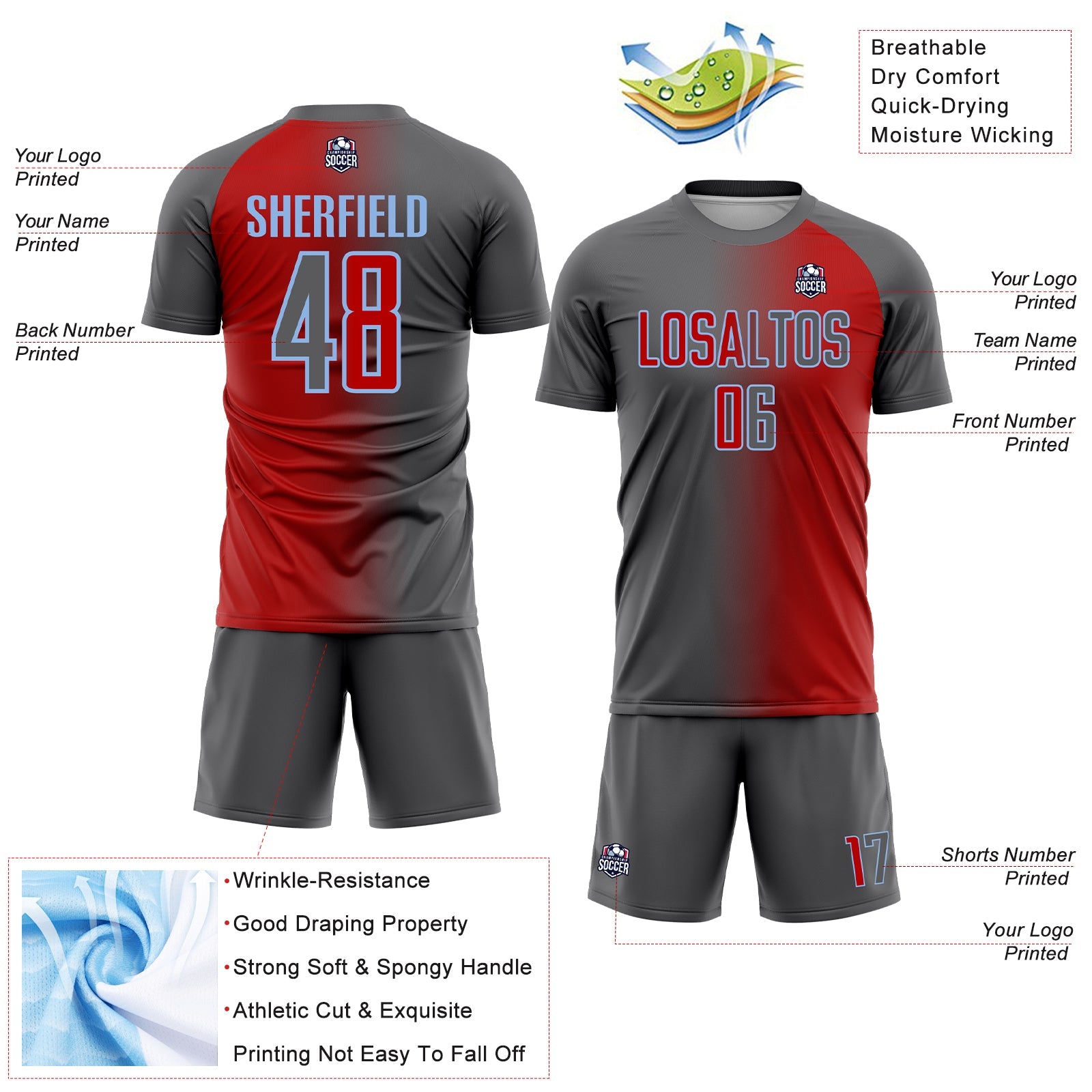 Custom Red Steel Gray-Light Blue Sublimation Gradient Fashion Soccer Uniform Jersey - Sky-Custom