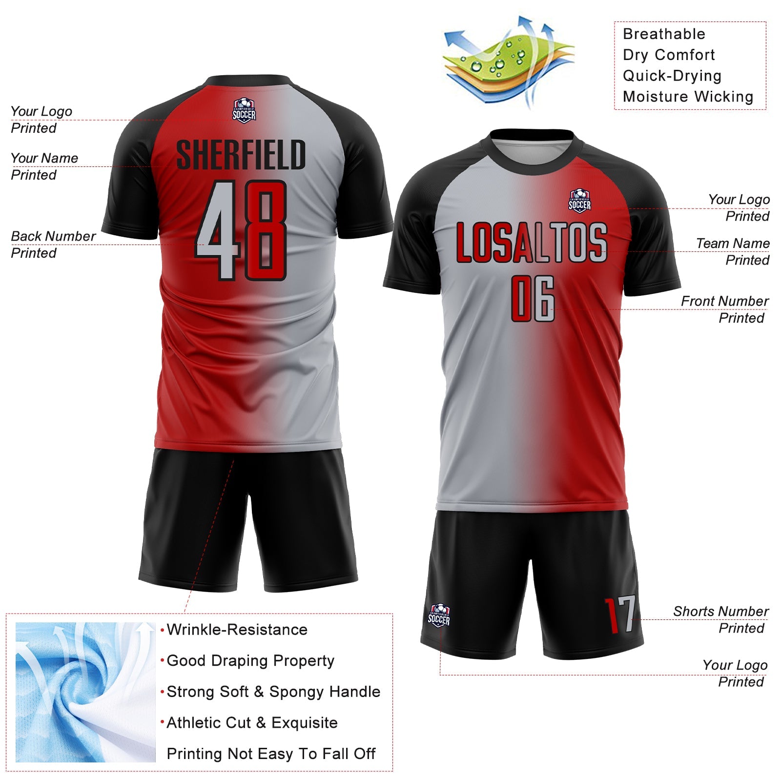 Custom Red Gray-Black Sublimation Gradient Fashion Soccer Uniform Jersey - Sky-Custom