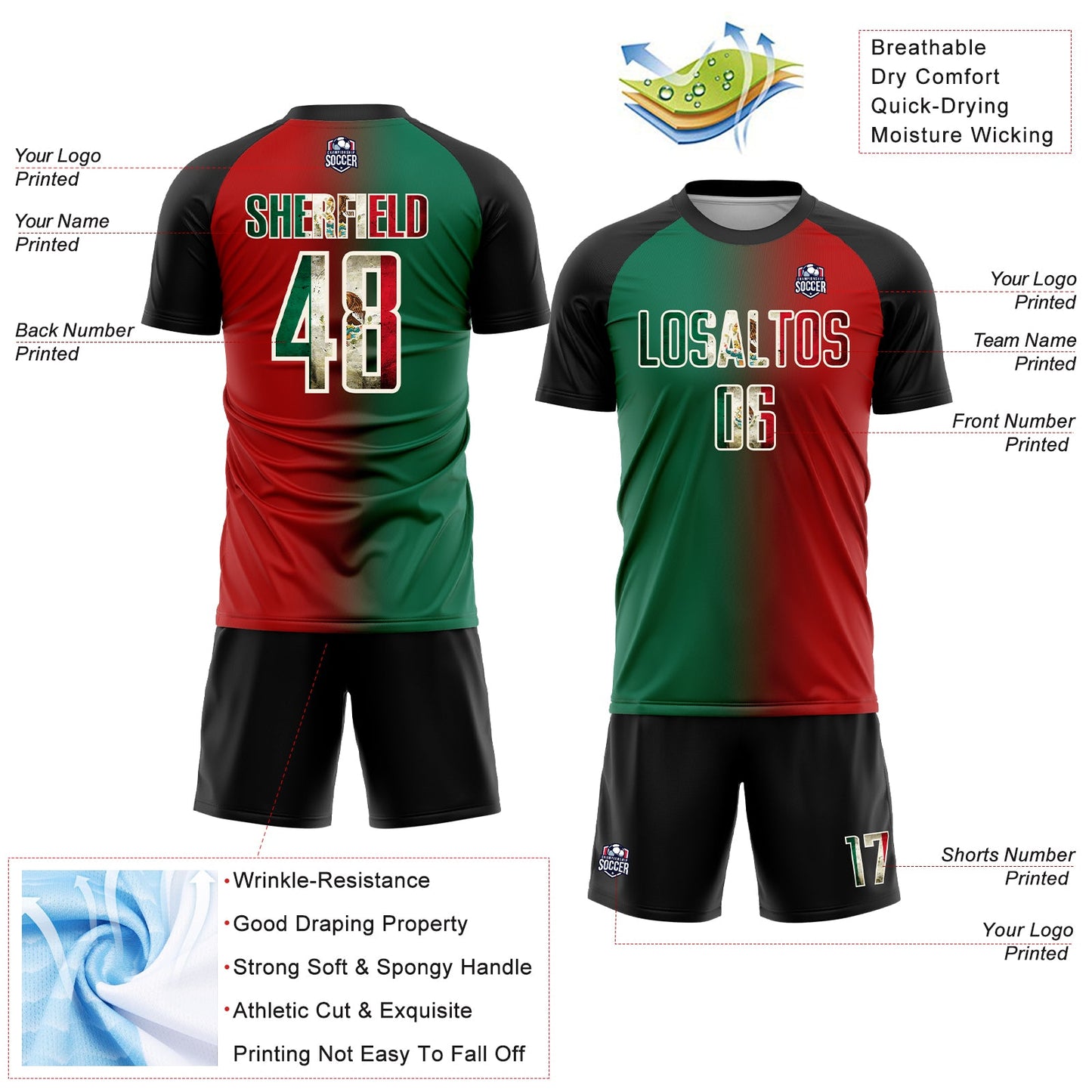 Custom Red Vintage Mexican Flag Kelly Green Black-Cream Sublimation Gradient Fashion Soccer Uniform Jersey - Sky-Custom