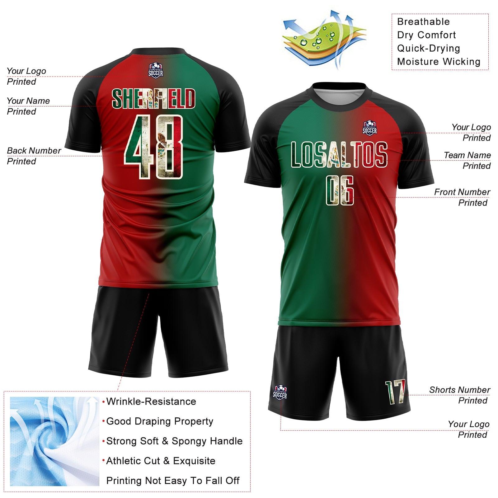 Custom Red Vintage Mexican Flag Kelly Green Black-Cream Sublimation Gradient Fashion Soccer Uniform Jersey - Sky-Custom