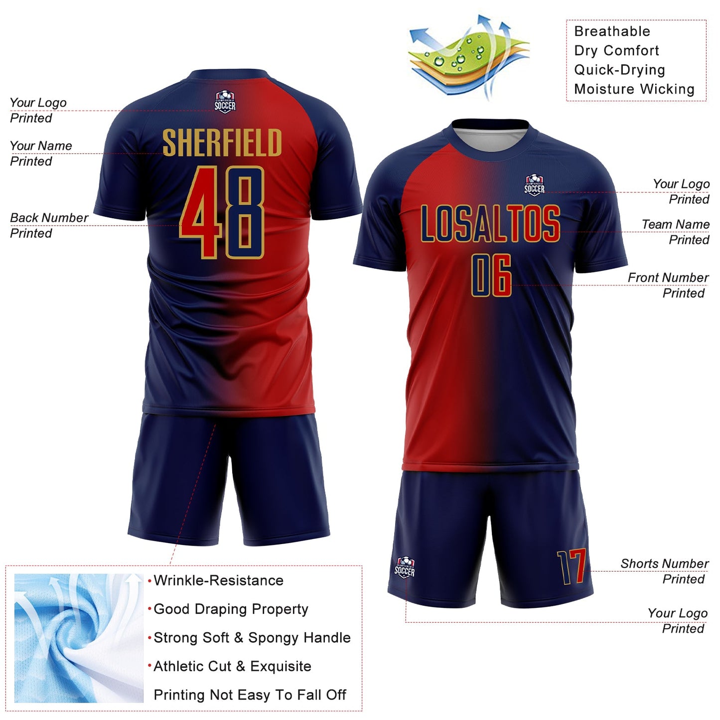 Custom Navy Red-Old Gold Sublimation Gradient Fashion Soccer Uniform Jersey - Sky-Custom