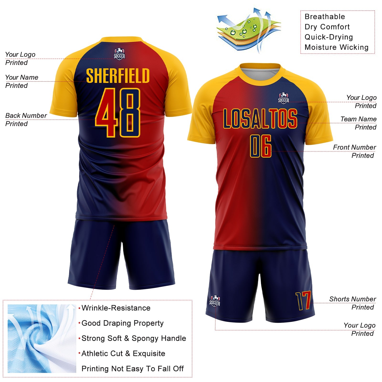 Custom Navy Red-Gold Sublimation Gradient Fashion Soccer Uniform Jersey - Sky-Custom