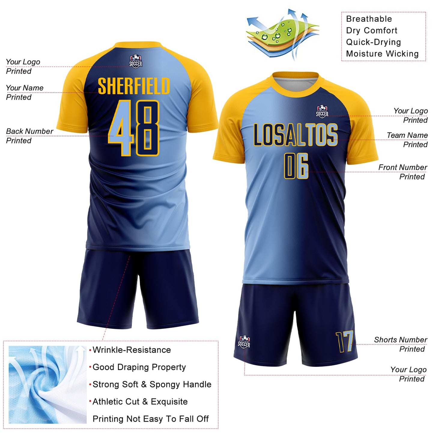 Custom Navy Light Blue-Gold Sublimation Gradient Fashion Soccer Uniform Jersey - Sky-Custom