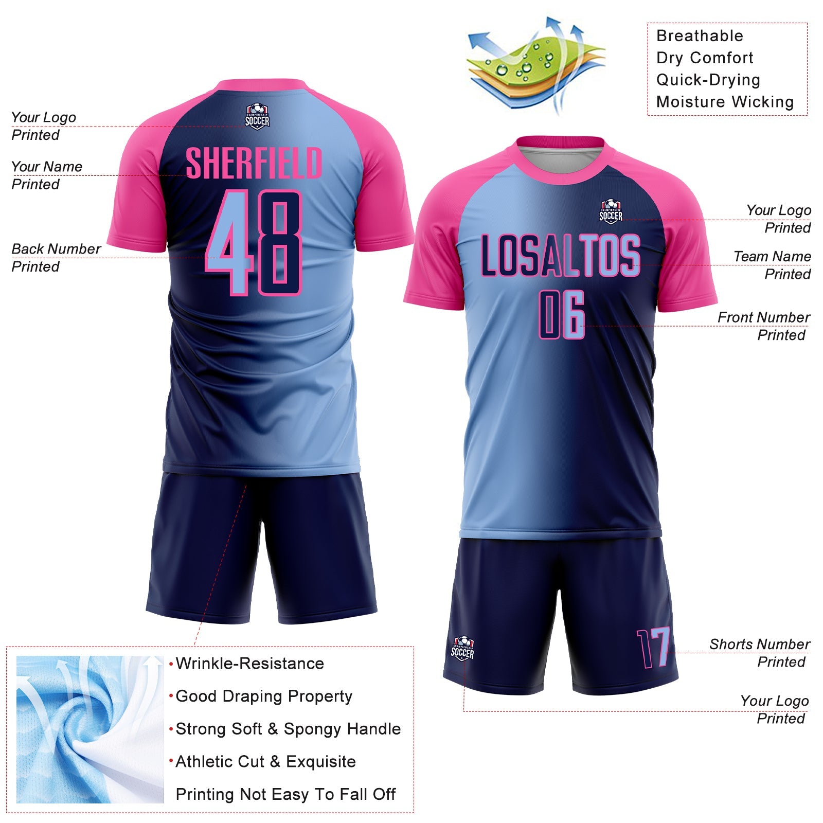 Custom Navy Light Blue-Pink Sublimation Gradient Fashion Soccer Uniform Jersey - Sky-Custom