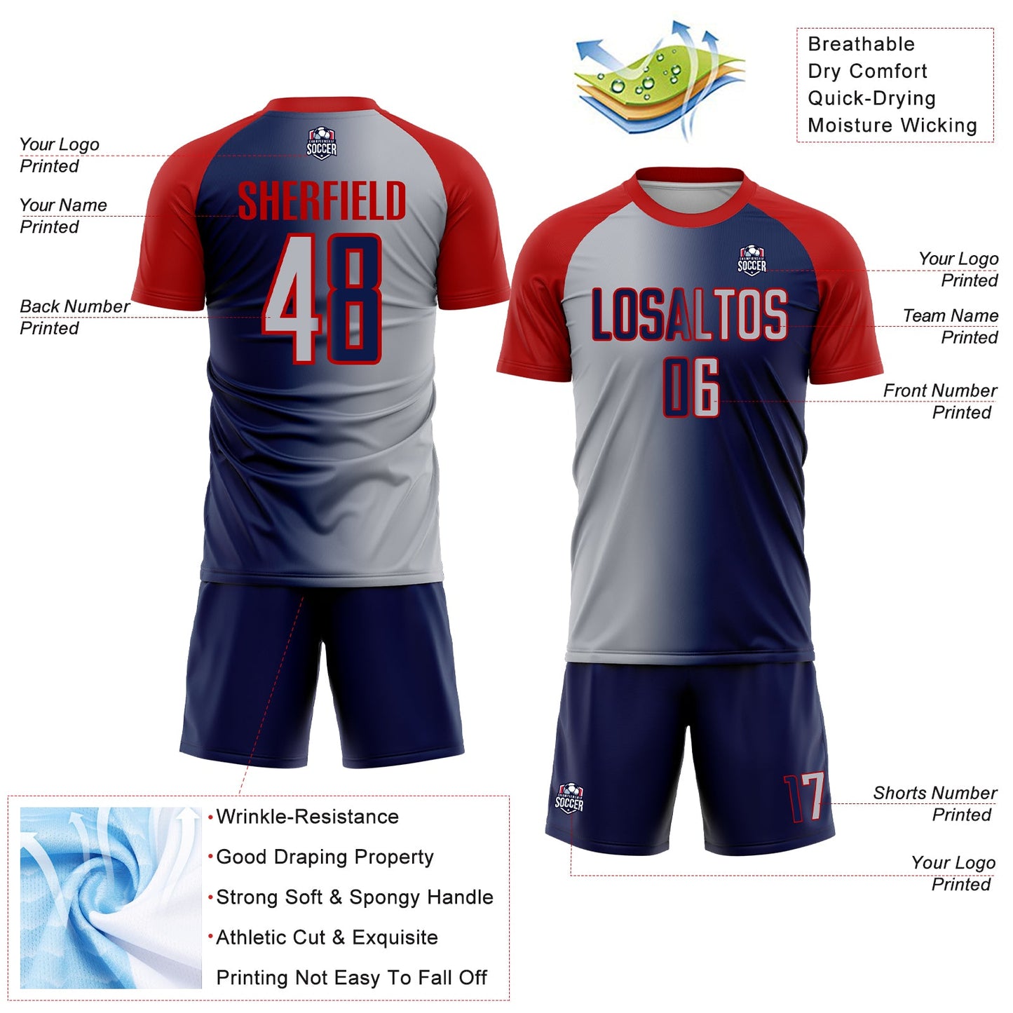Custom Navy Gray-Red Sublimation Gradient Fashion Soccer Uniform Jersey - Sky-Custom