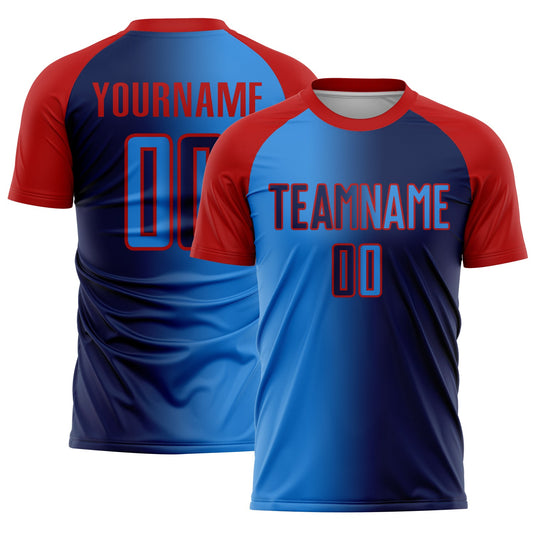 Custom Navy Powder Blue-Red Sublimation Gradient Fashion Soccer Uniform Jersey - Sky-Custom