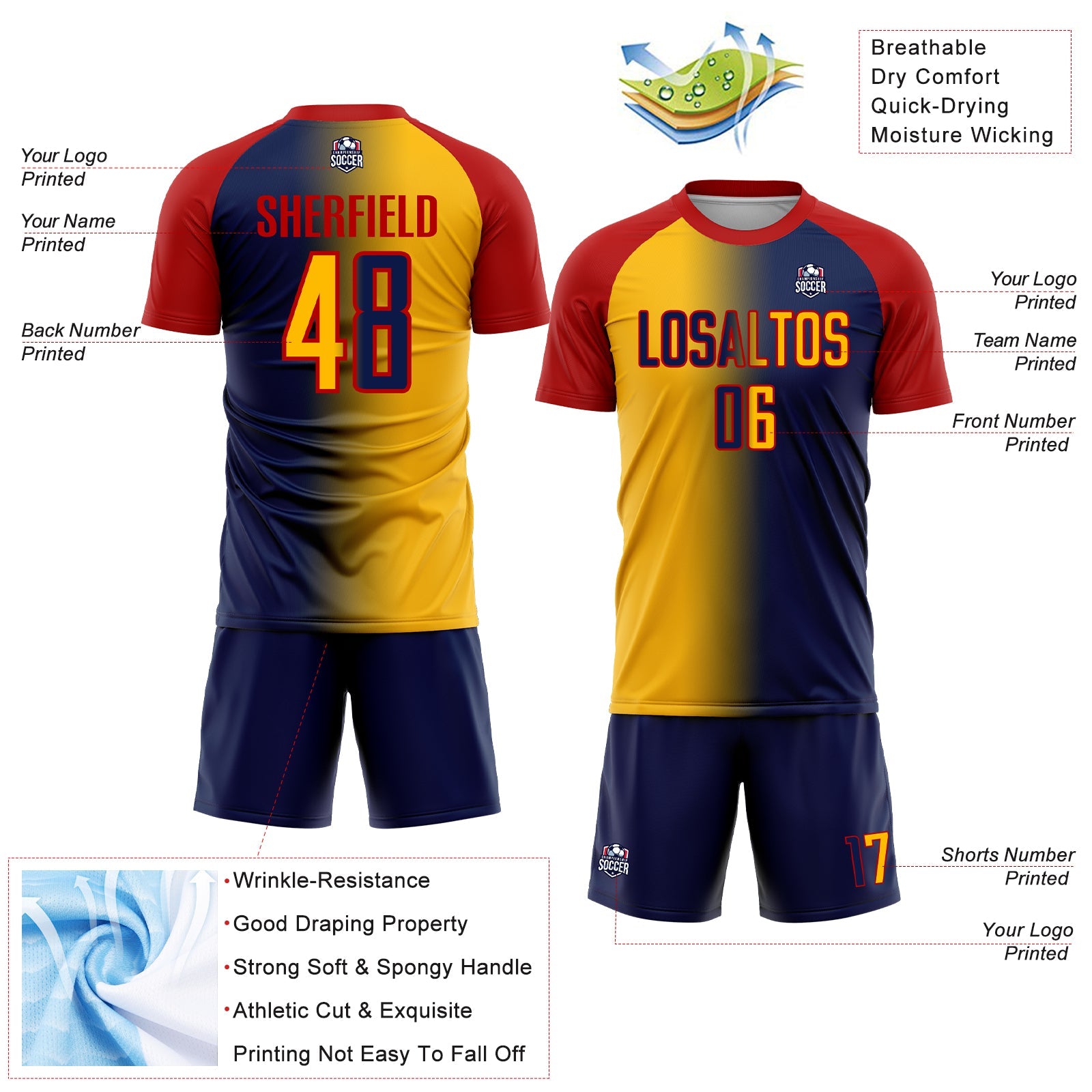 Custom Navy Gold-Red Sublimation Gradient Fashion Soccer Uniform Jersey - Sky-Custom