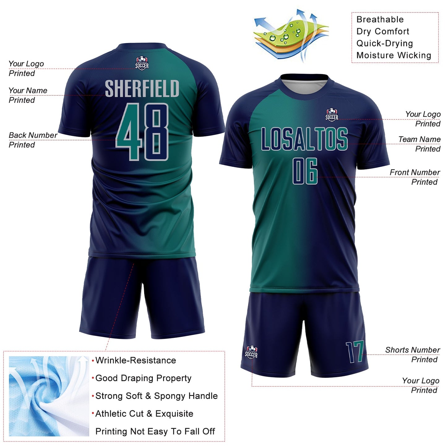 Custom Navy Teal-Gray Sublimation Gradient Fashion Soccer Uniform Jersey - Sky-Custom