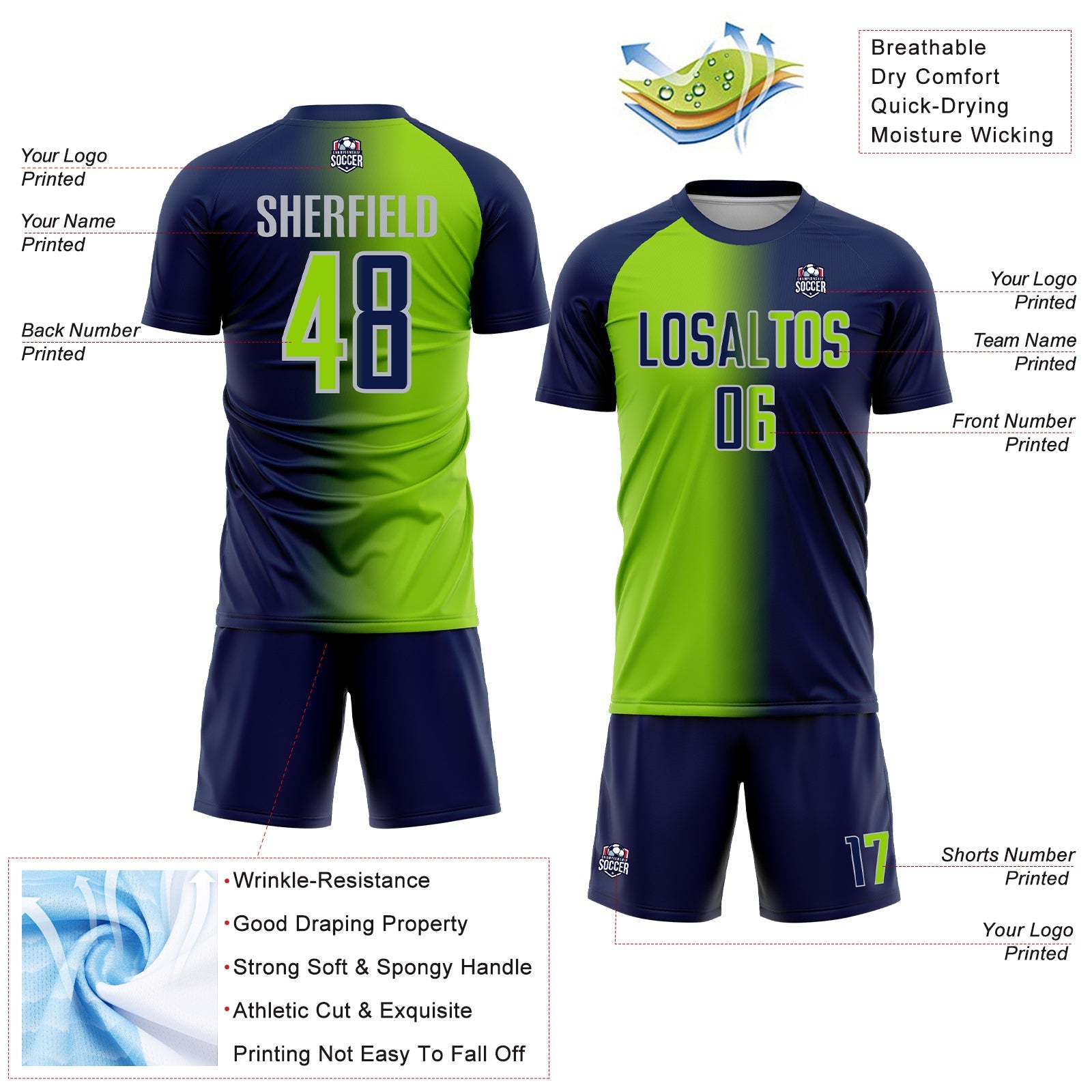 Custom Navy Neon Green-Gray Sublimation Gradient Fashion Soccer Uniform Jersey - Sky-Custom