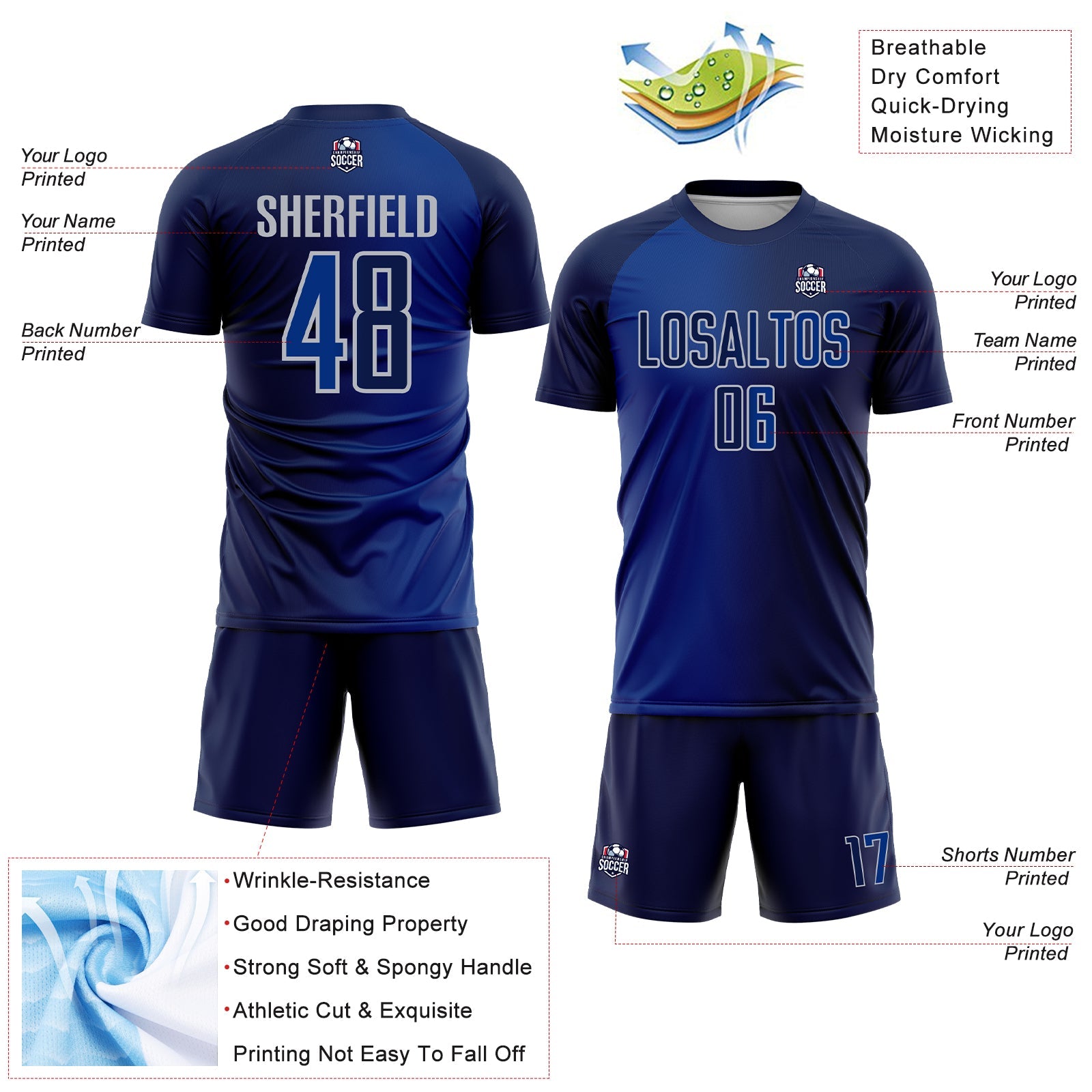 Custom Navy Royal-Gray Sublimation Gradient Fashion Soccer Uniform Jersey - Sky-Custom