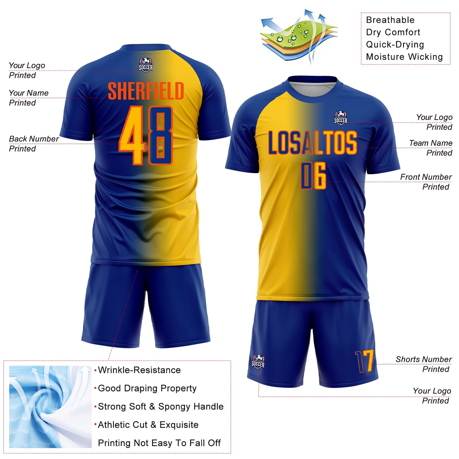 Custom Royal Yellow-Orange Sublimation Gradient Fashion Soccer Uniform Jersey - Sky-Custom