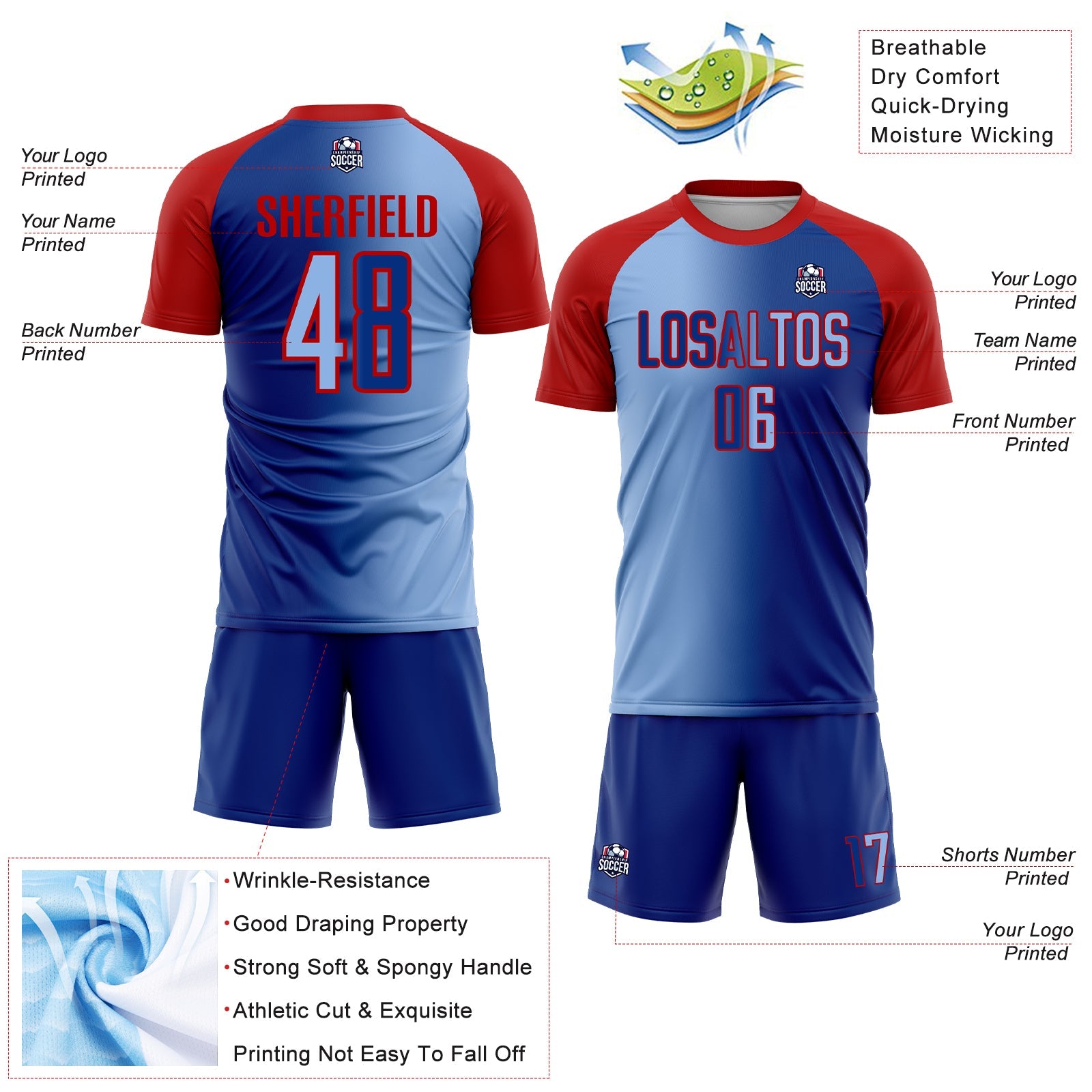 Custom Royal Light Blue-Red Sublimation Gradient Fashion Soccer Uniform Jersey - Sky-Custom