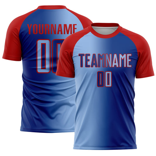 Custom Royal Light Blue-Red Sublimation Gradient Fashion Soccer Uniform Jersey - Sky-Custom