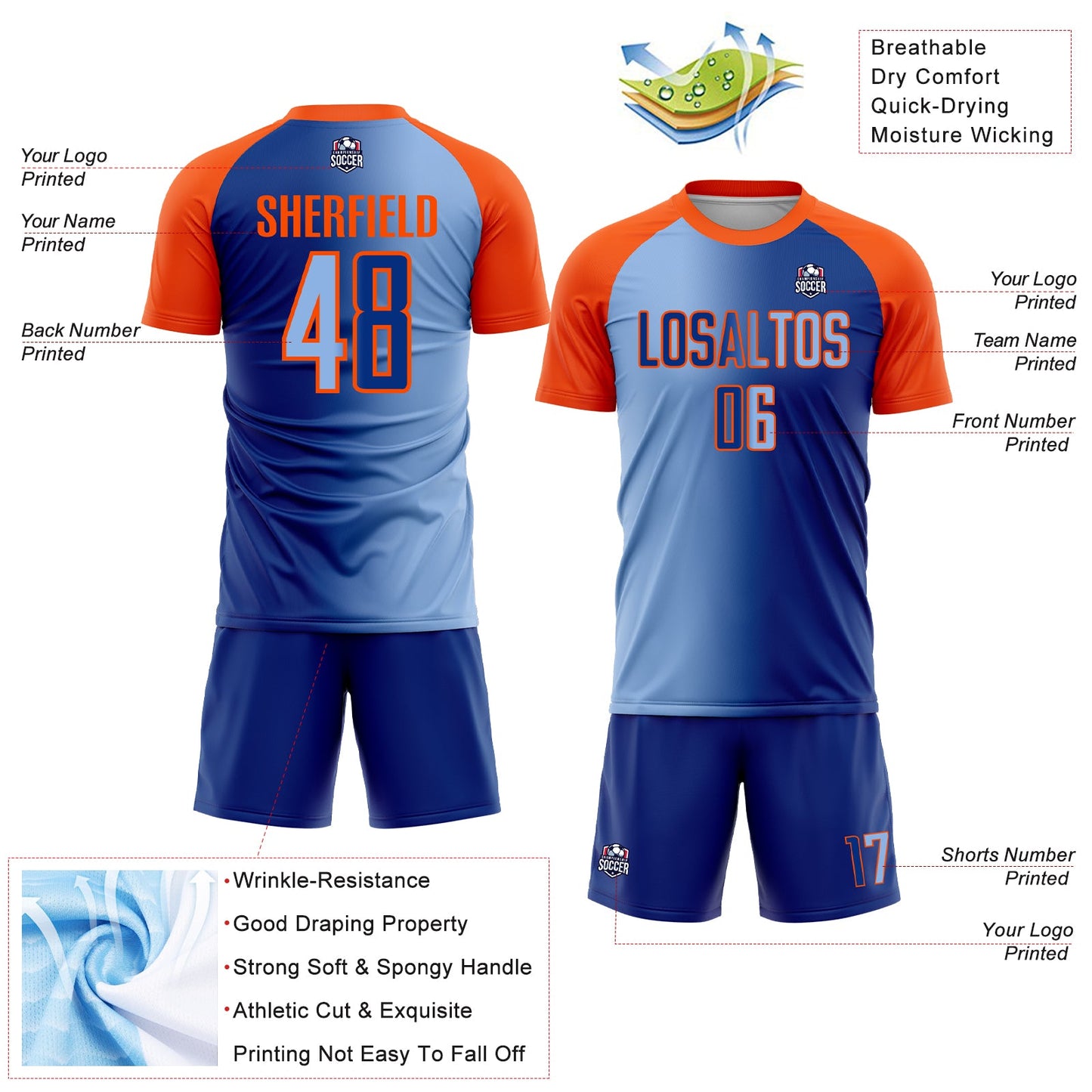 Custom Royal Light Blue-Orange Sublimation Gradient Fashion Soccer Uniform Jersey - Sky-Custom