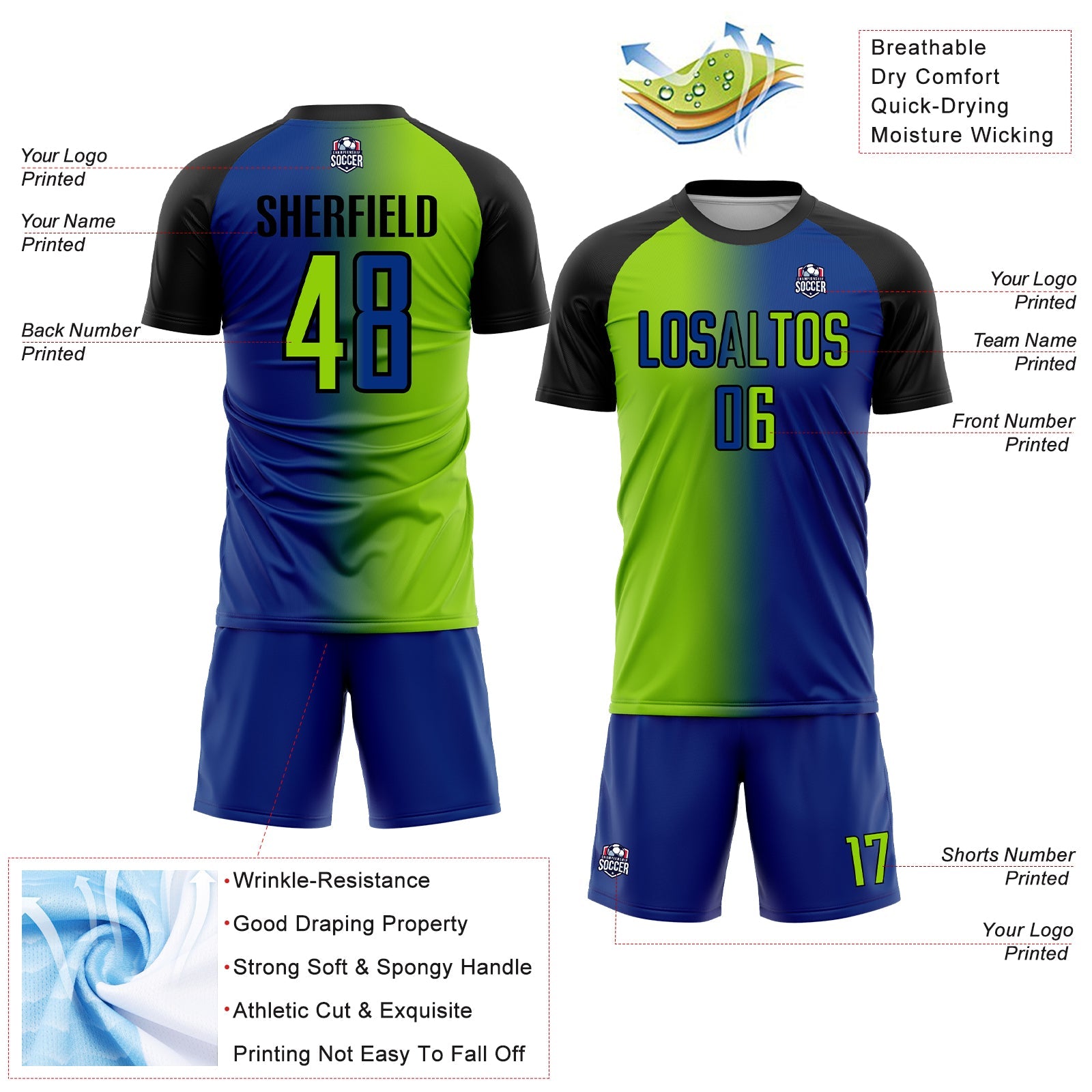 Custom Royal Neon Green-Black Sublimation Gradient Fashion Soccer Uniform Jersey - Sky-Custom