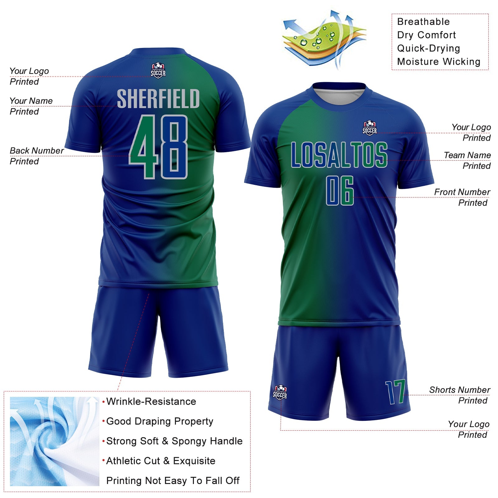 Custom Royal Kelly Green-Gray Sublimation Gradient Fashion Soccer Uniform Jersey - Sky-Custom