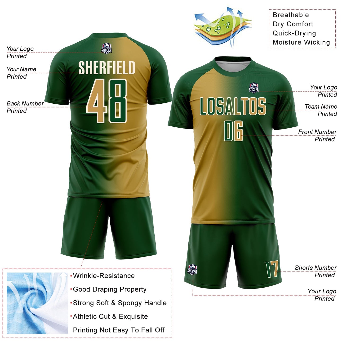 Custom Green Old Gold-Cream Sublimation Gradient Fashion Soccer Uniform Jersey - Sky-Custom