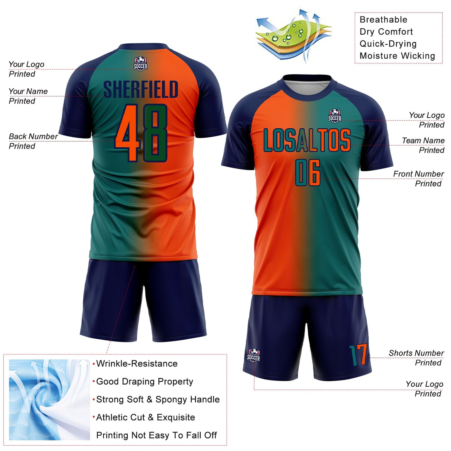 Custom Teal Orange-Navy Sublimation Gradient Fashion Soccer Uniform Jersey - Sky-Custom