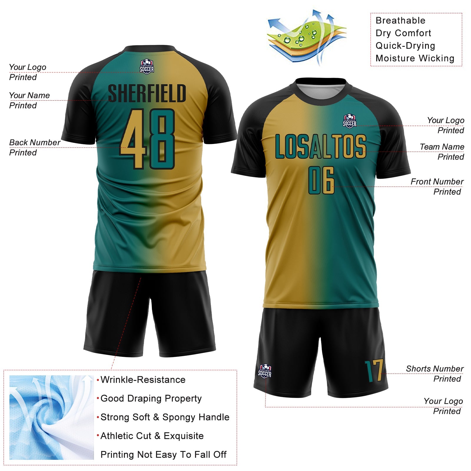 Custom Teal Old Gold-Black Sublimation Gradient Fashion Soccer Uniform Jersey - Sky-Custom